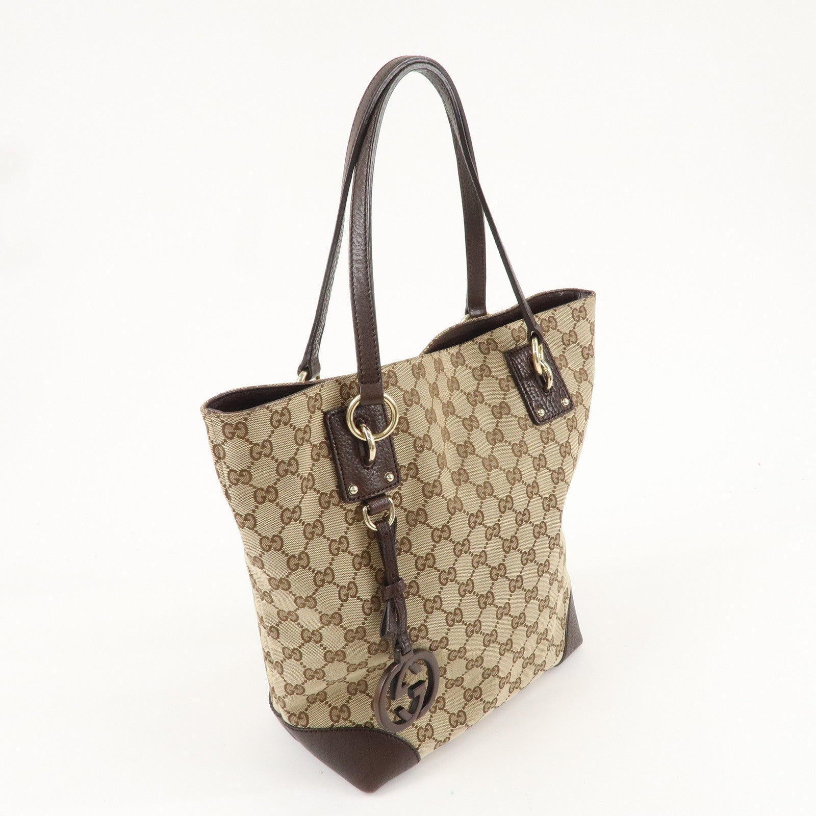 GUCCI GG Canvas Leather Tote Bag Beige Brown 247237