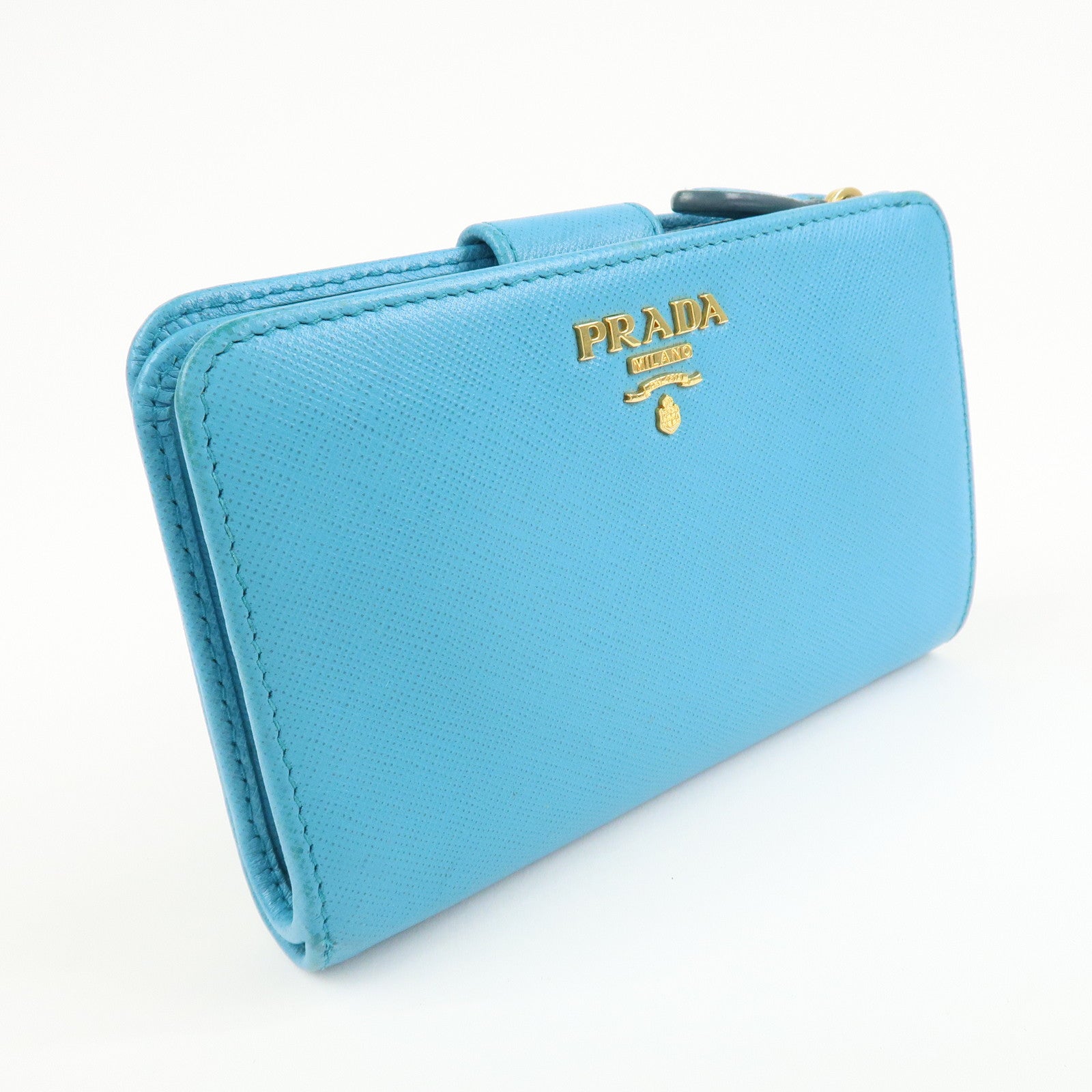 PRADA Logo Leather Bi-Fold Wallet Purse Light Blue 1ML225 Used