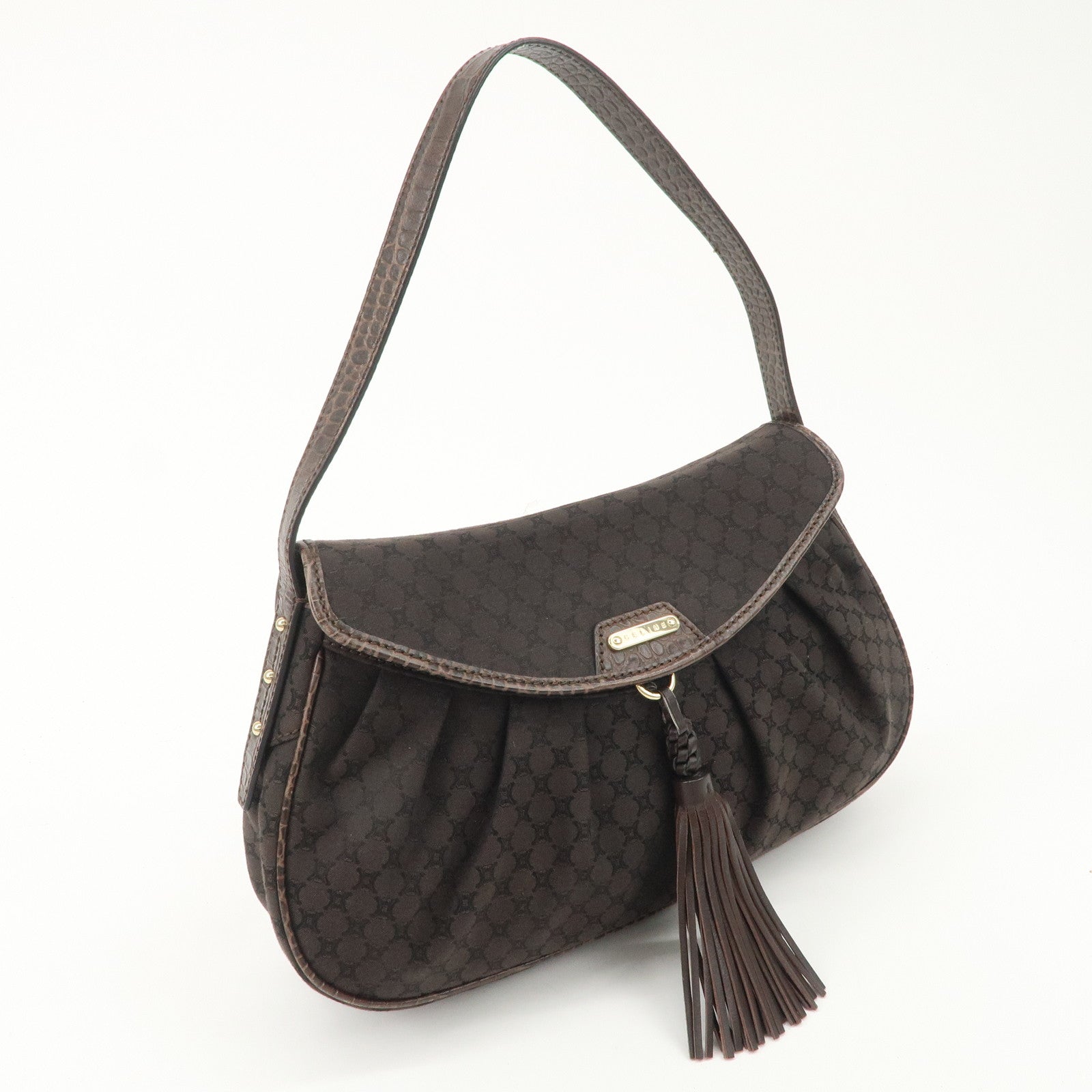 CELINE Macadam Canvas Leather Shoulder Bag Dark Brown