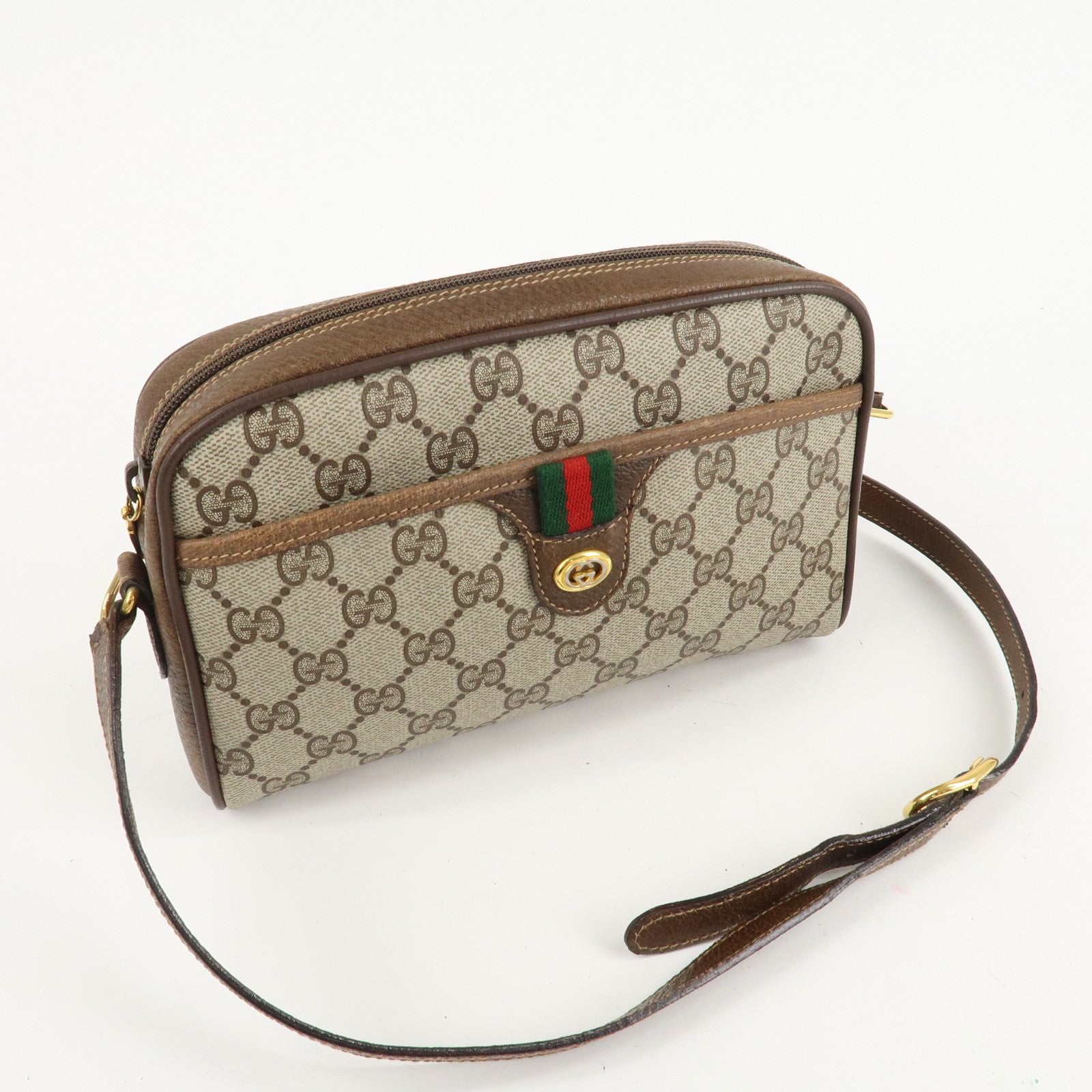 GUCCI Old GUCCI Sherry GG Plus Leather Shoulder Bag Beige Brown