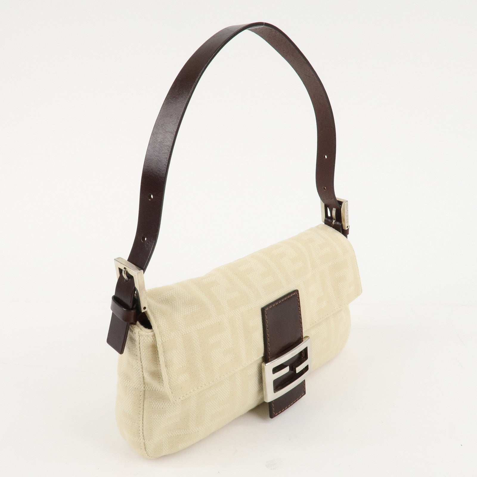 FENDI Mamma Baguette Zucca Canvas Leather Shoulder Bag Beige 26424