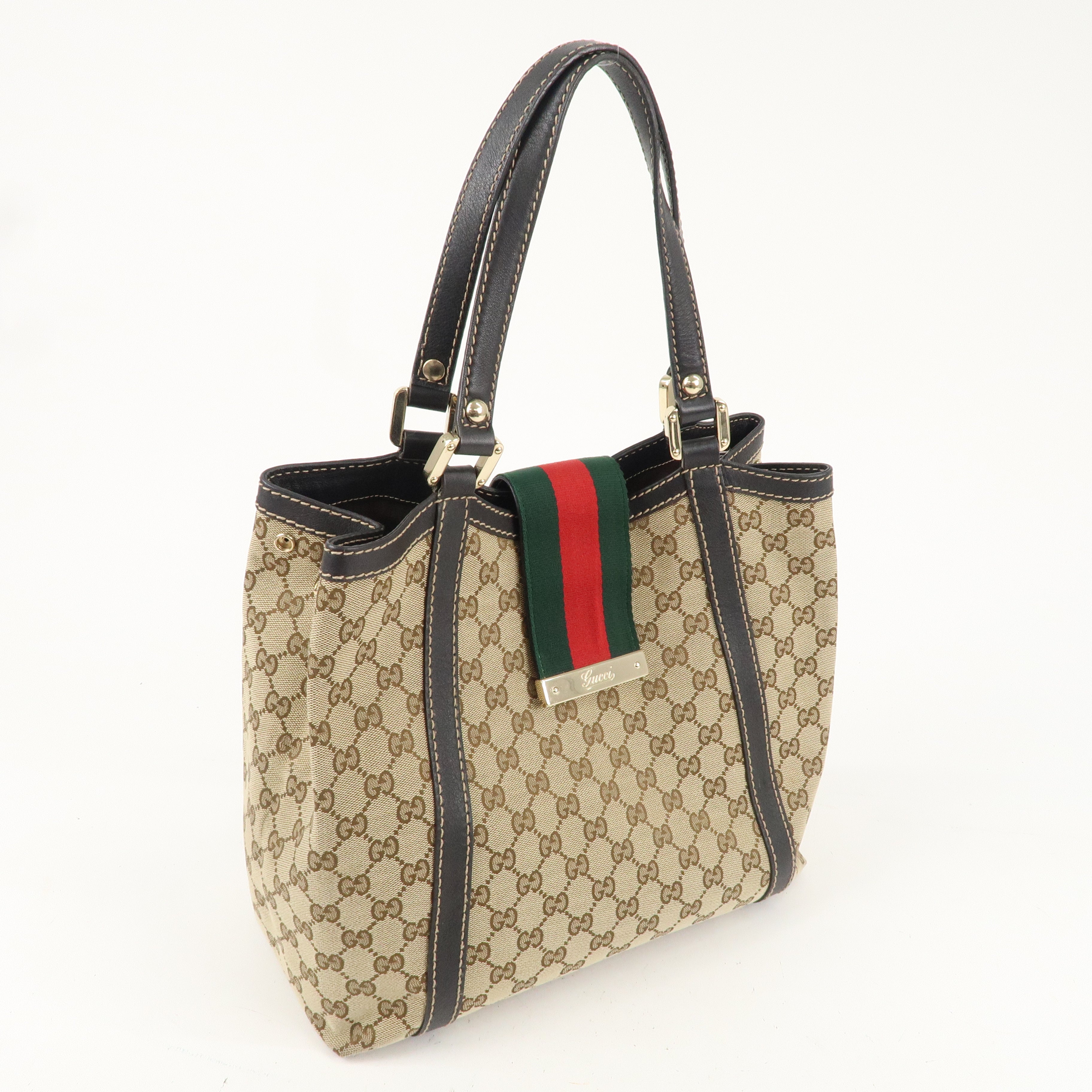 GUCCI Sherry GG Canvas Leather Tote Bag Beige Brown 233607