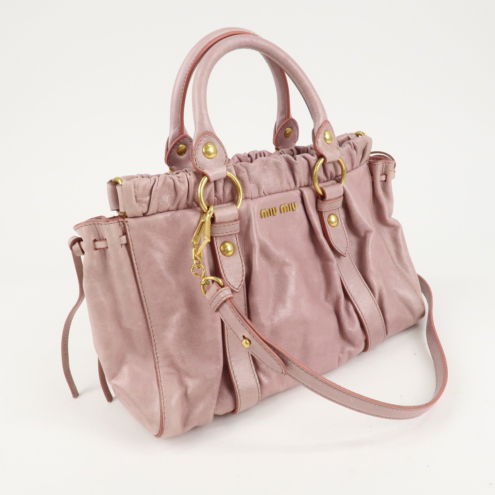 MIU MIU Leather 2Way Bag Hand Bag Pink Beige Gold Hardware Used