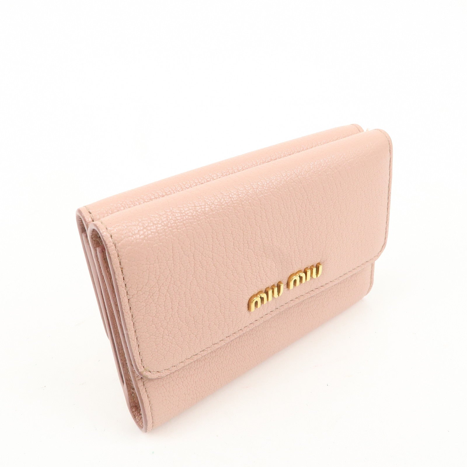 MIU MIU Leather Double Hook Bi-fold Wallet Pink Gold Hardware