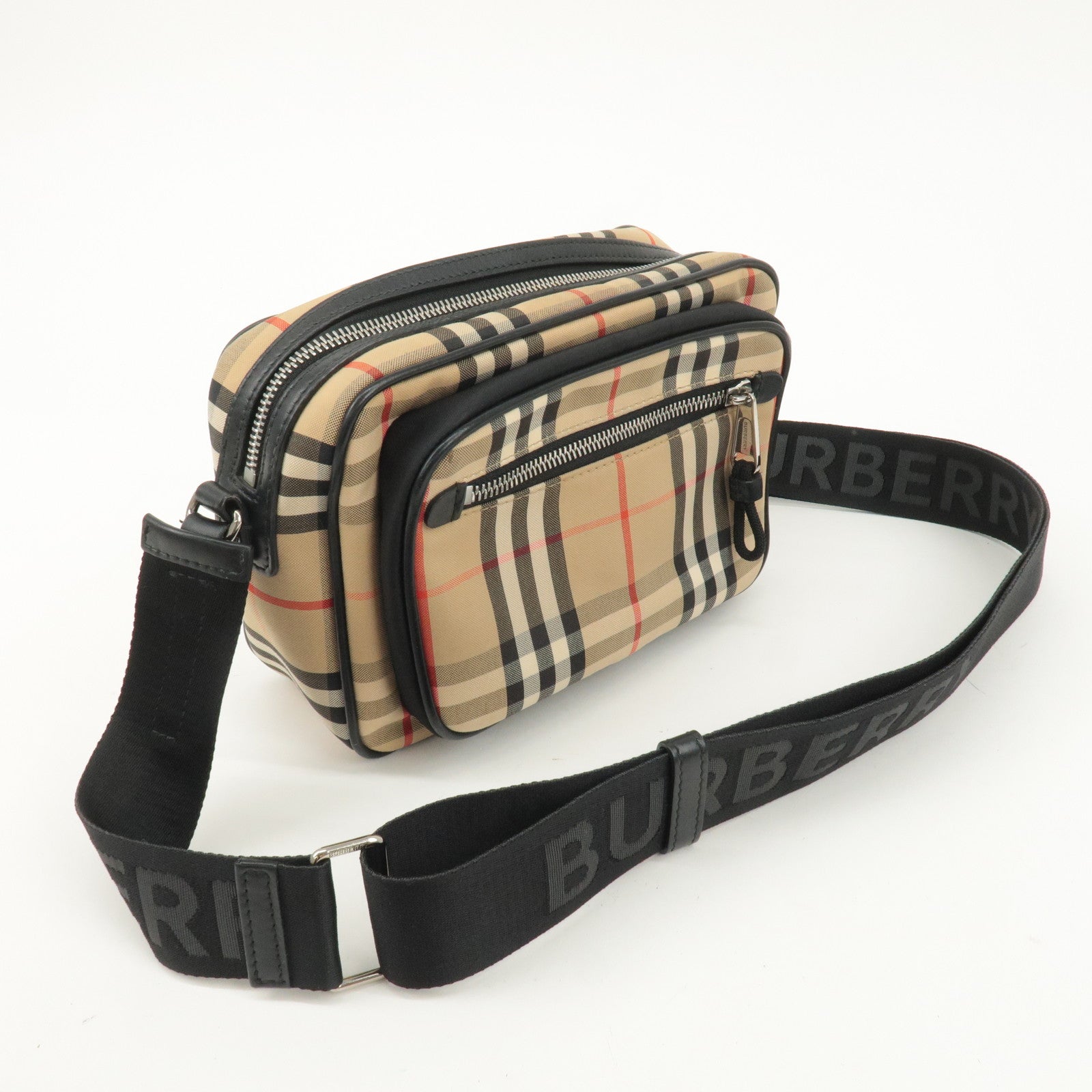 BURBERRY Nova Plaid Canvas Leather Shoulder Bag Beige