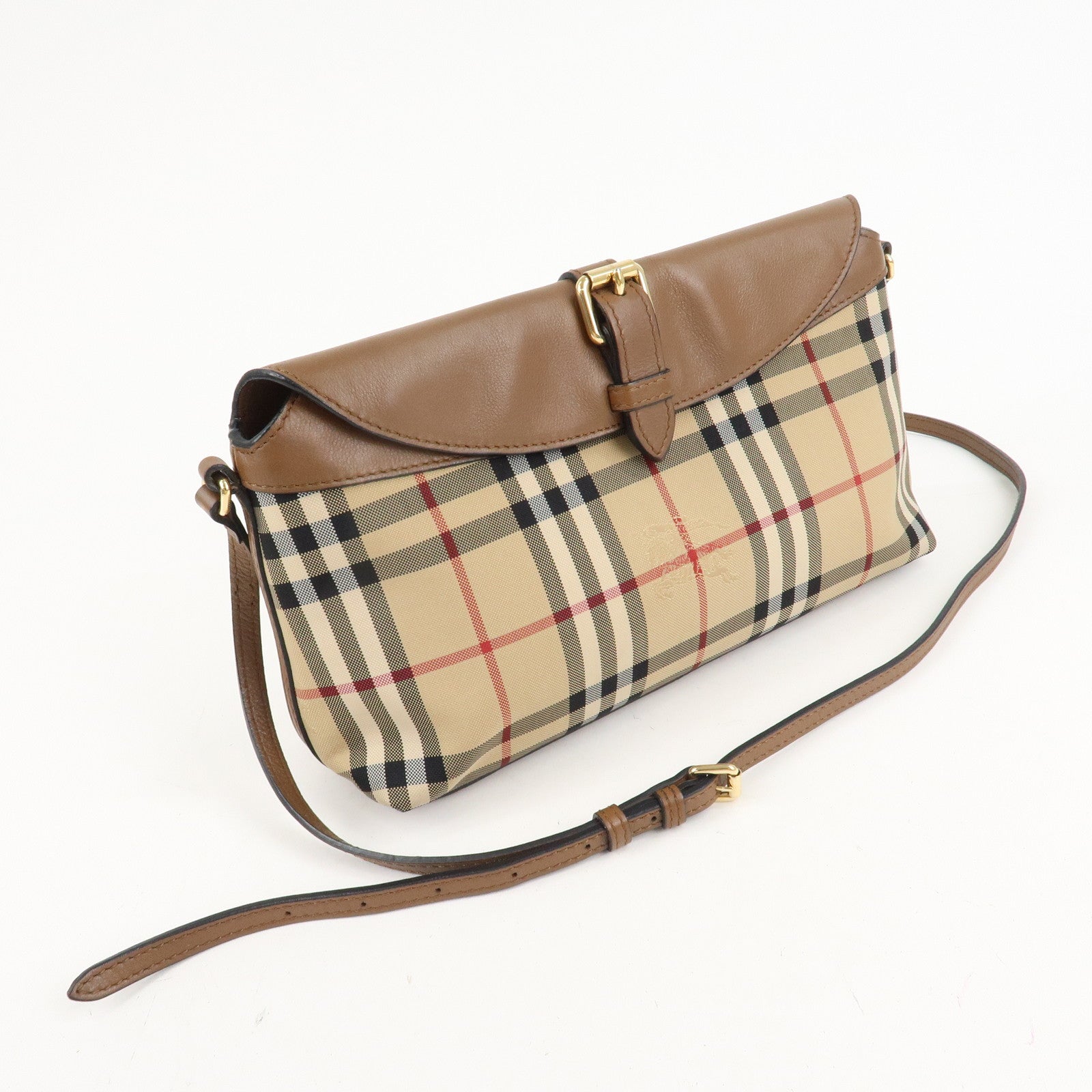 BURBERRY Nylon Leather Nova Plaid Shoulder Bag Beige Brown