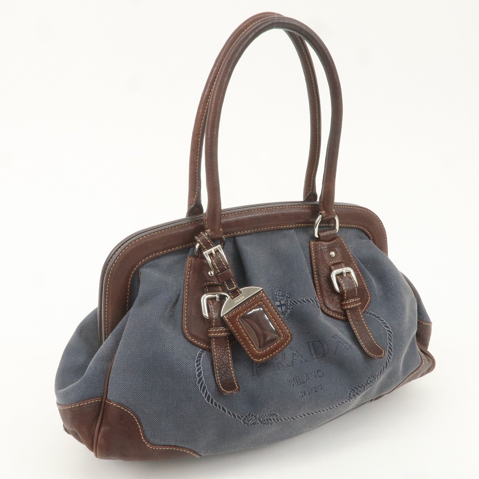 PRADA Logo Jacquard Leather Tote Bag Hand Bag Blue Dark Brown