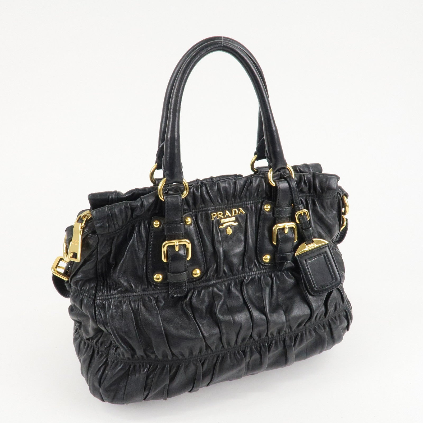 PRADA Leather 2way Bag Hand bag Black Gold Hardware Used