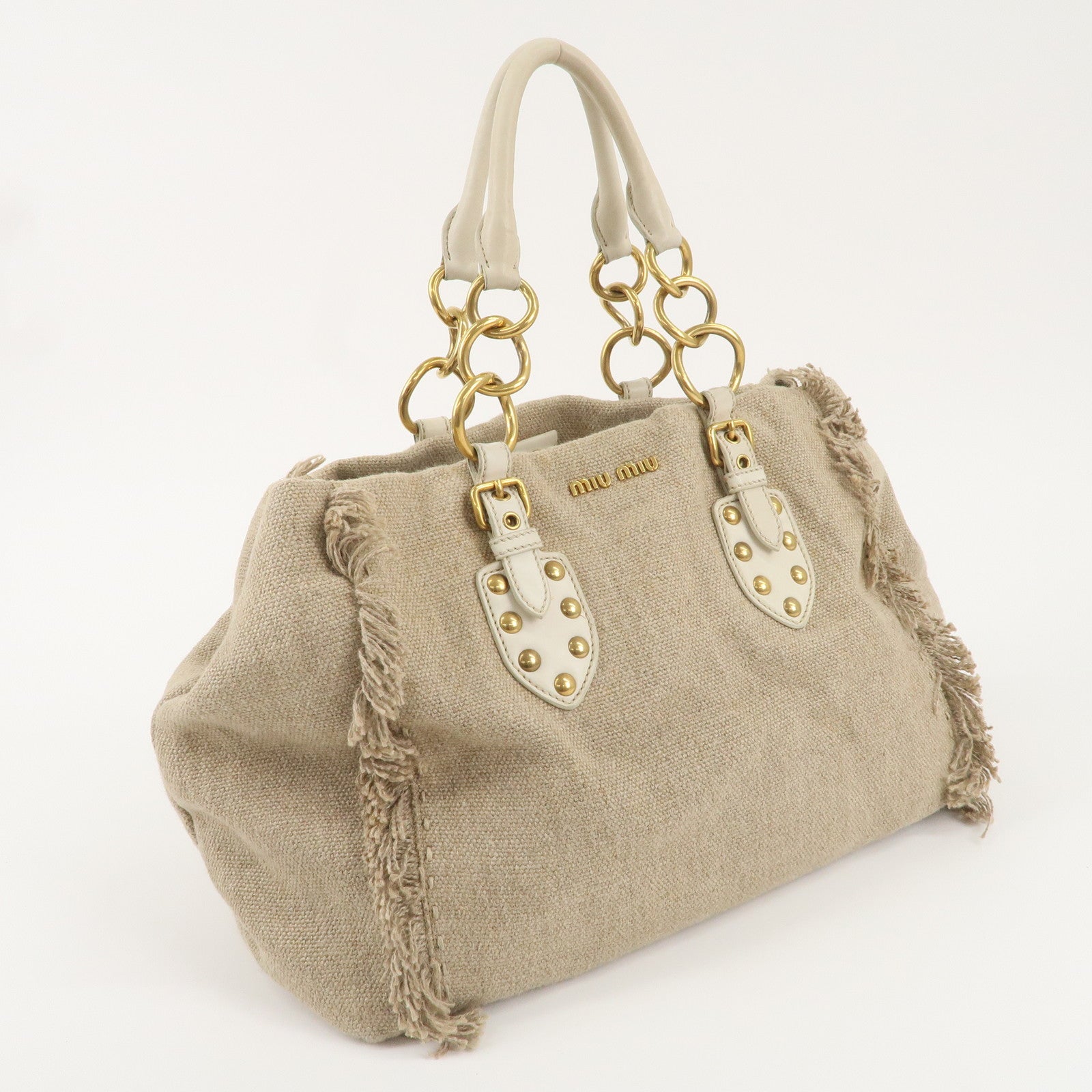 MIU MIU Canvas Leather Tote Bag Beige Gold Hardware