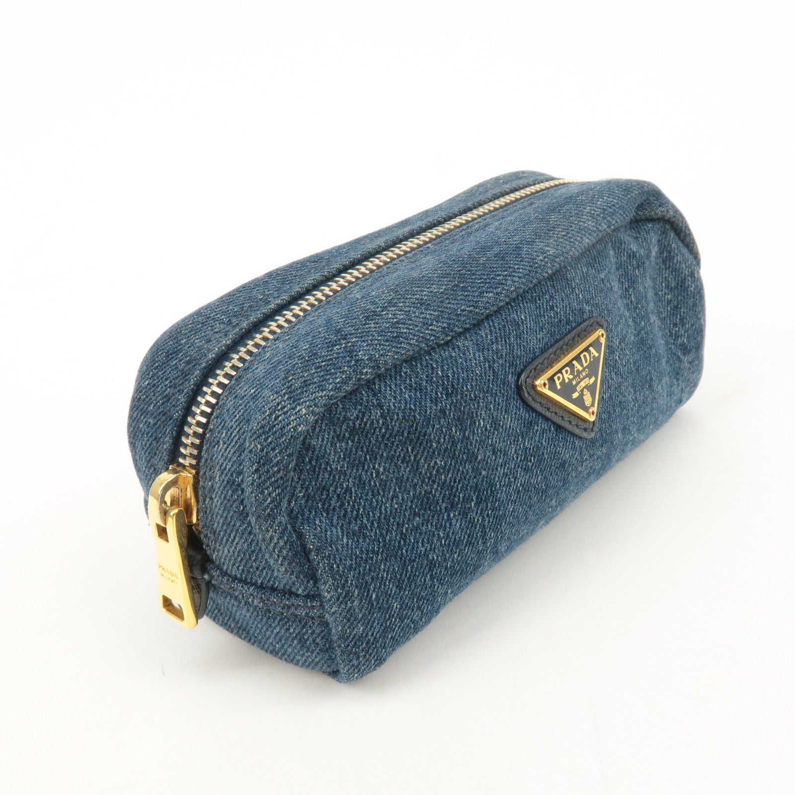 PRADA Logo Denim Pouch Cosmetic Pouch Blue Gold Hardware