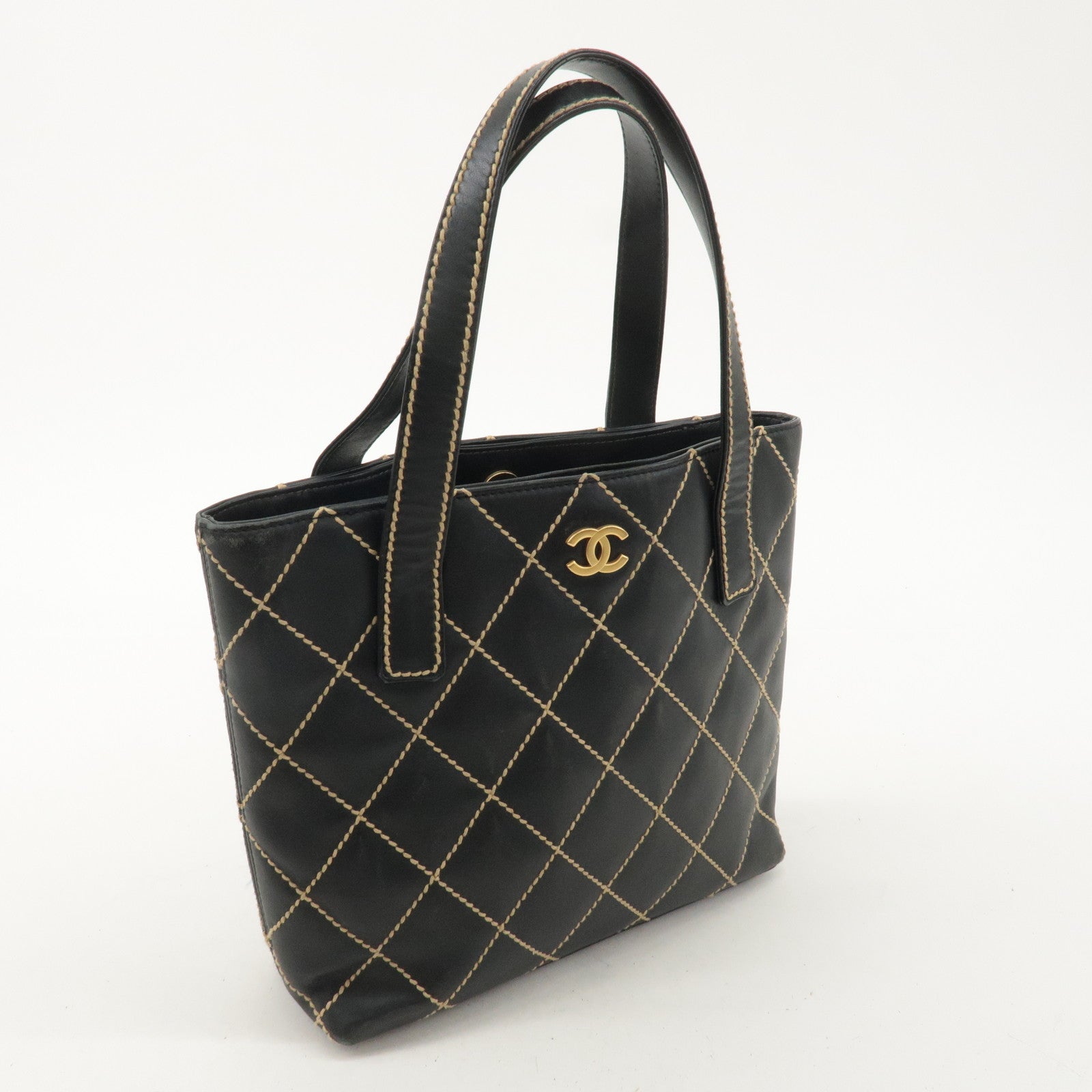 CHANEL Wild Stitch Leather Tote Bag Hand Bag Black