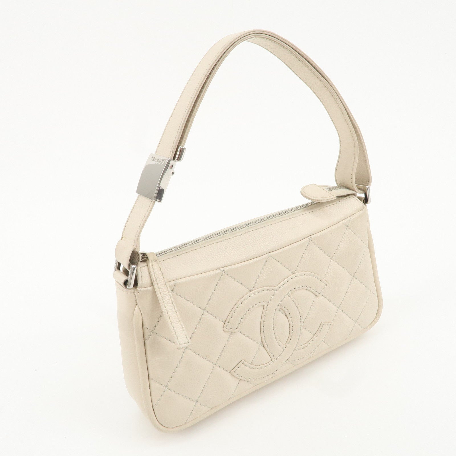 CHANEL Matelasse Caviar Skin Shoulder Bag Ivory Silver HDW Used