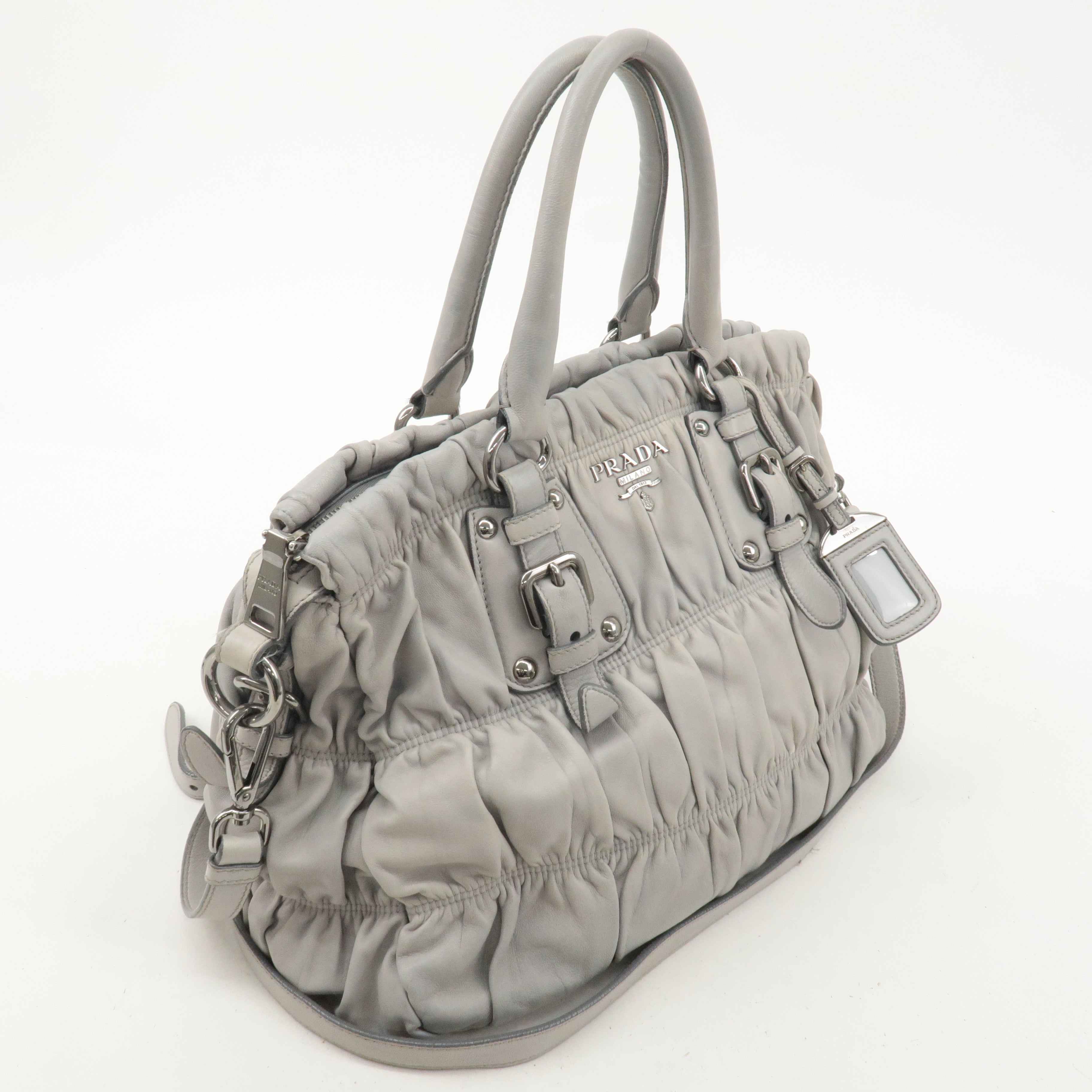 PRADA Leather 2Way Bag Hand Bag Shoulder Bag Light Gray