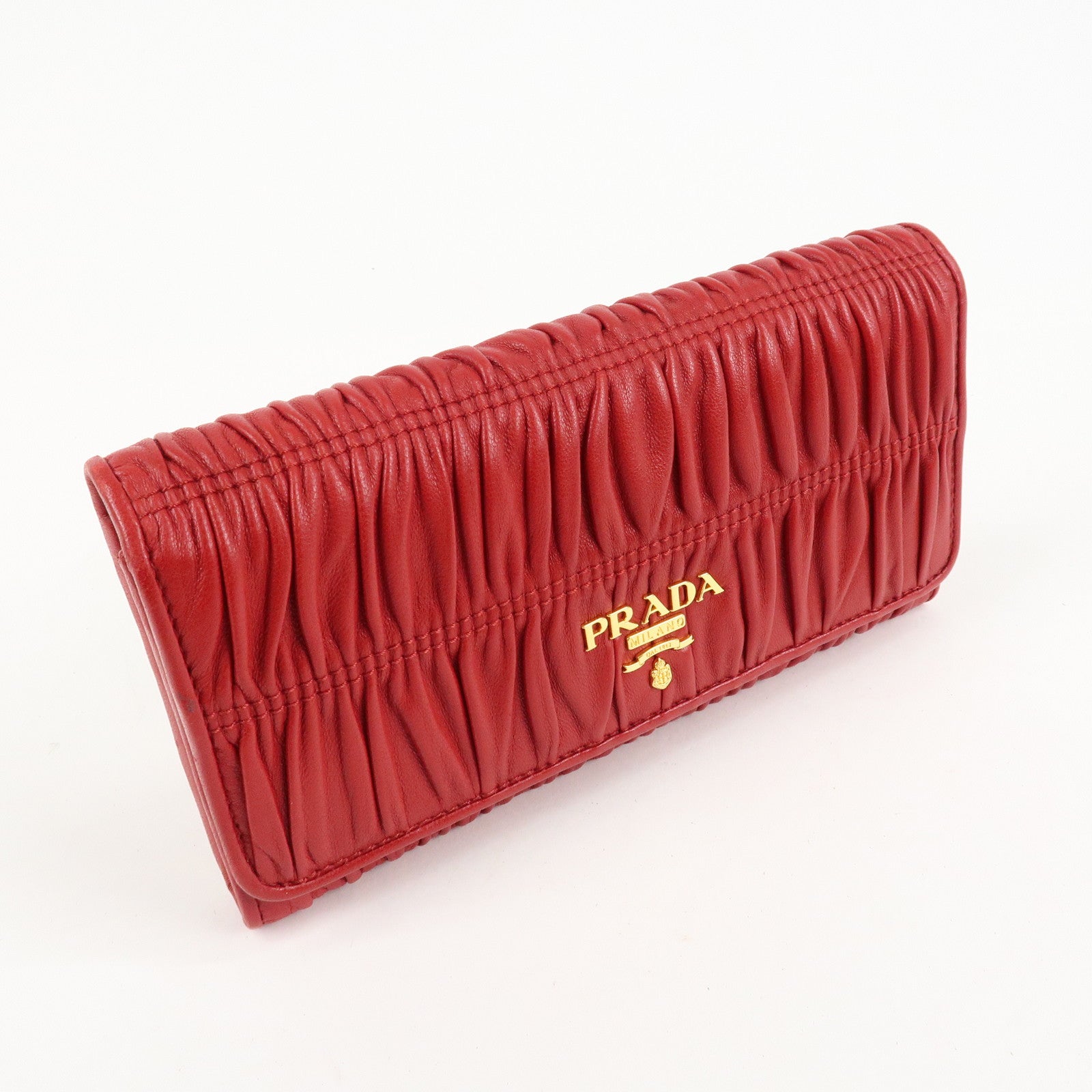 PRADA Logo Leather Bi-Fold Long Wallet Red Gold Hardware