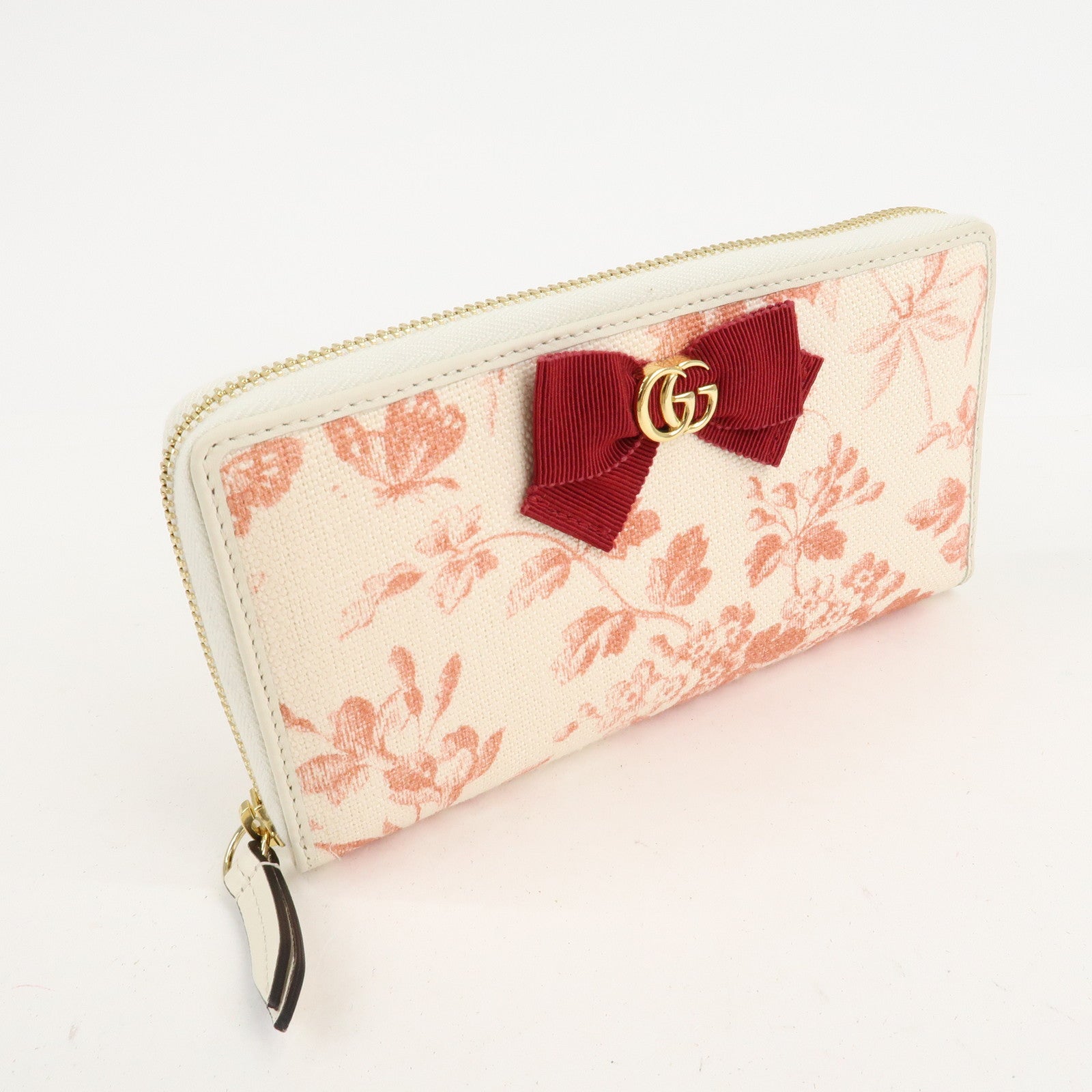 GUCCI GG Marmont Canvas Leather Floral Pattern Round Zipper Wallet