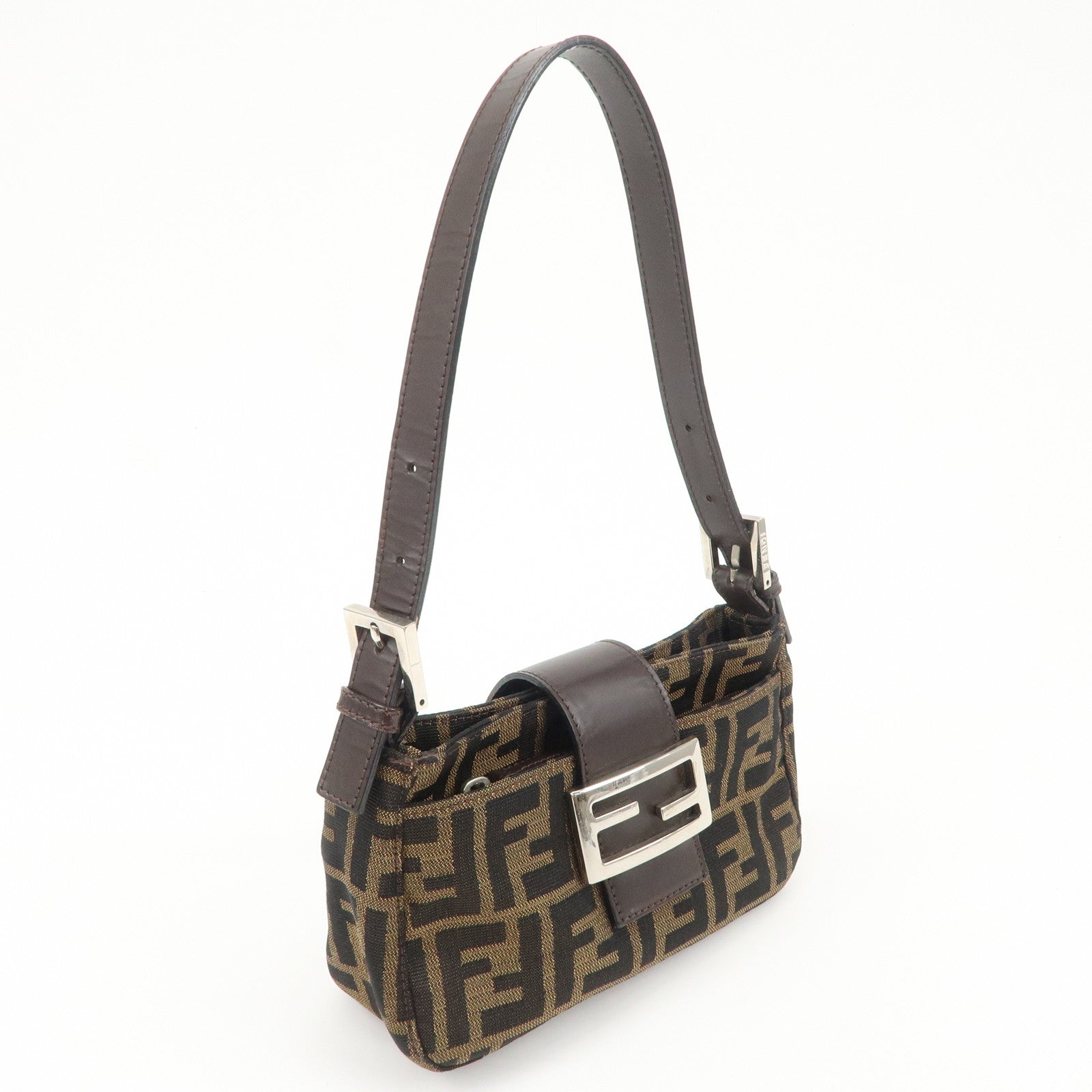 FENDI Zucca Canvas Leather Hand Bag Brown Black