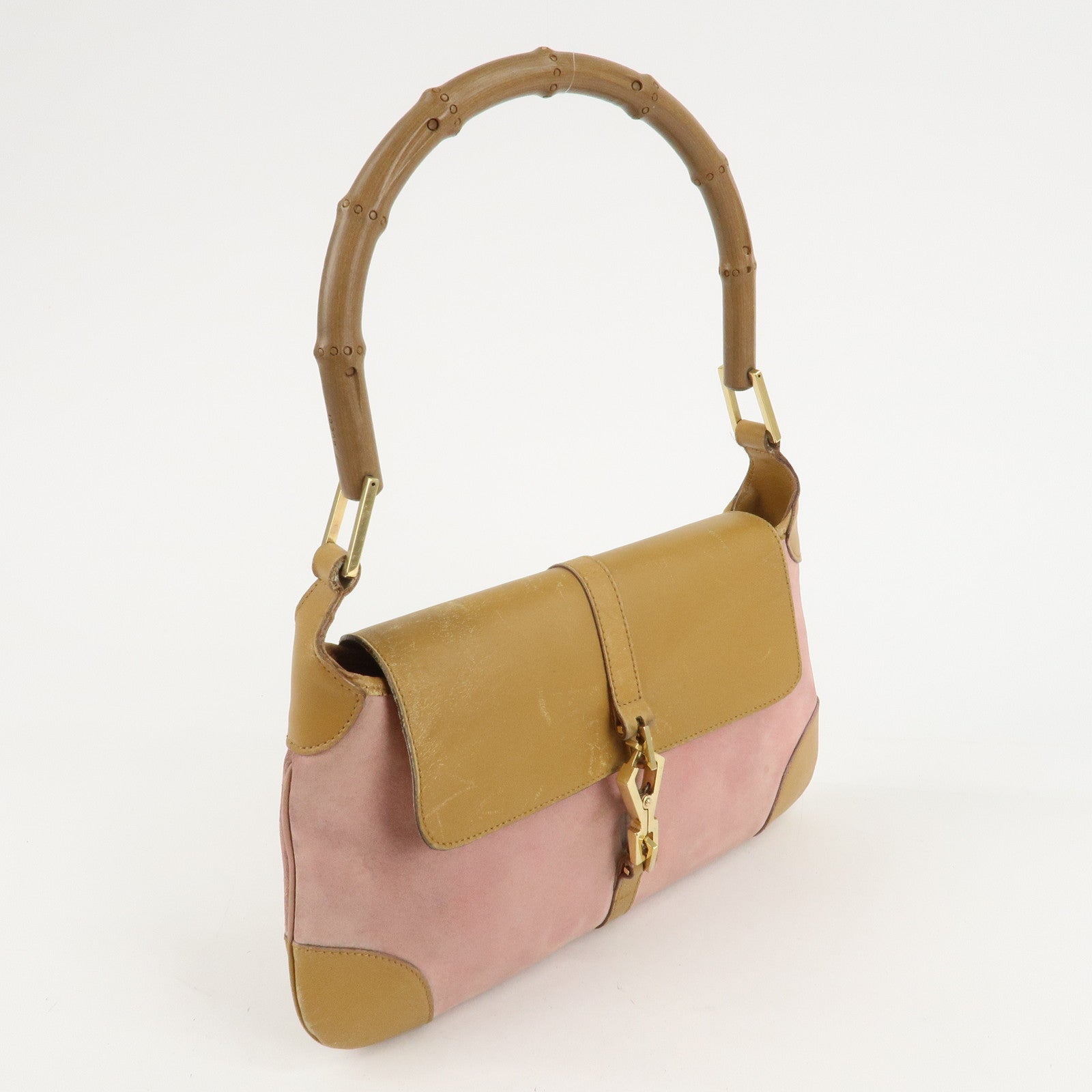 GUCCI Bamboo Suede Leather Shoulder Bag Pink Beige 001.4096.1705 Used