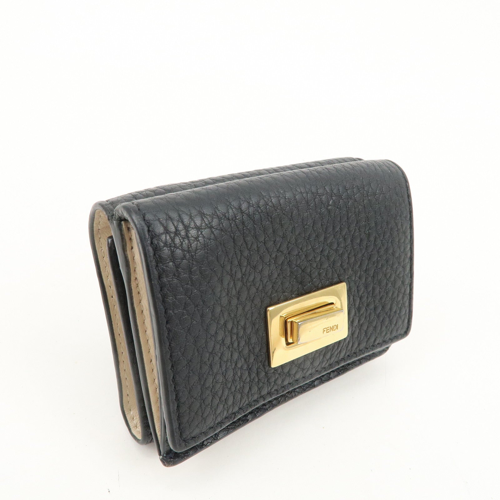 FENDI Leather Peekaboo Micro Wallet Black Gold Hardware 8M0426 Used