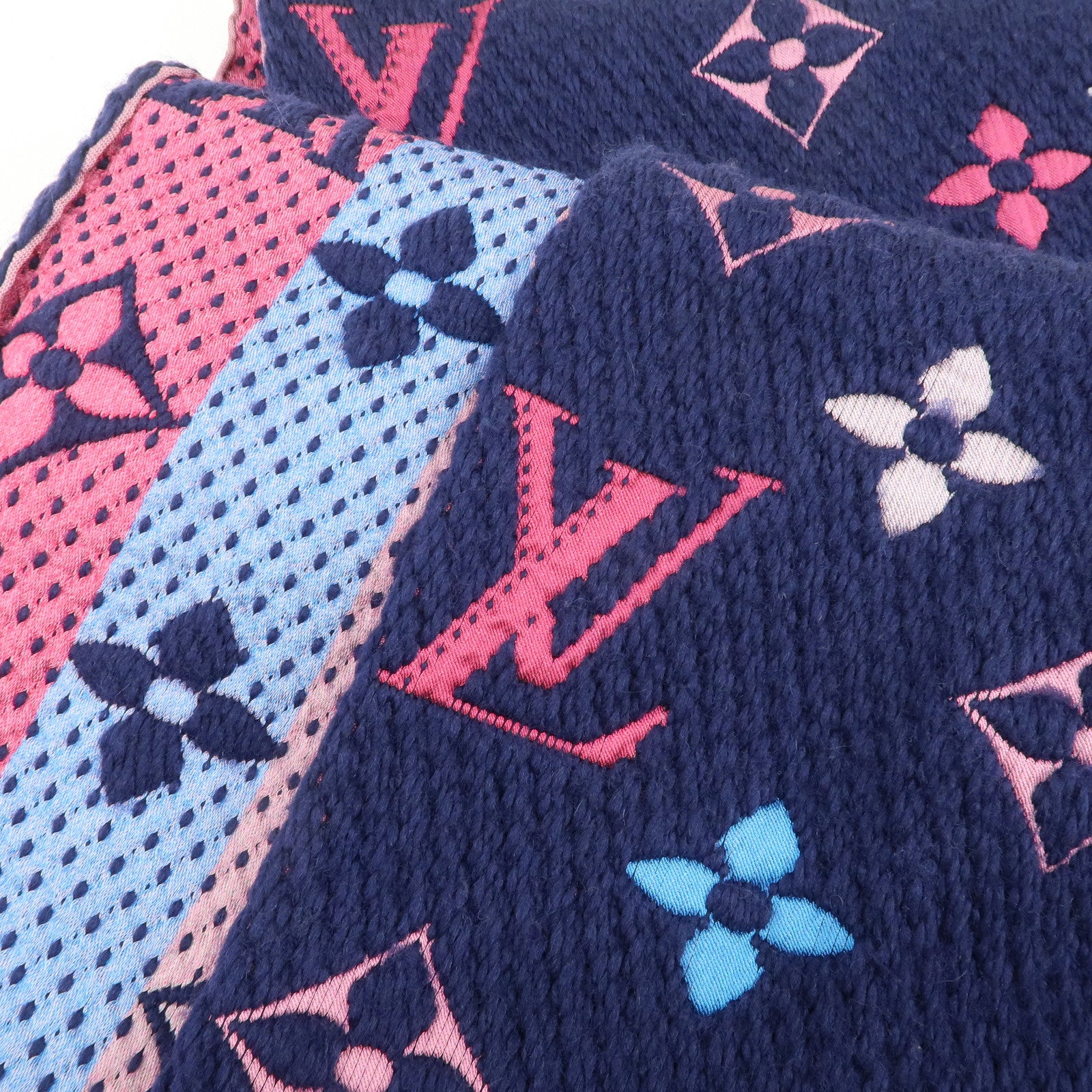 Louis Vuitton Escharpe Logo Mania Knit Scarf Navy Pink M70899 Used