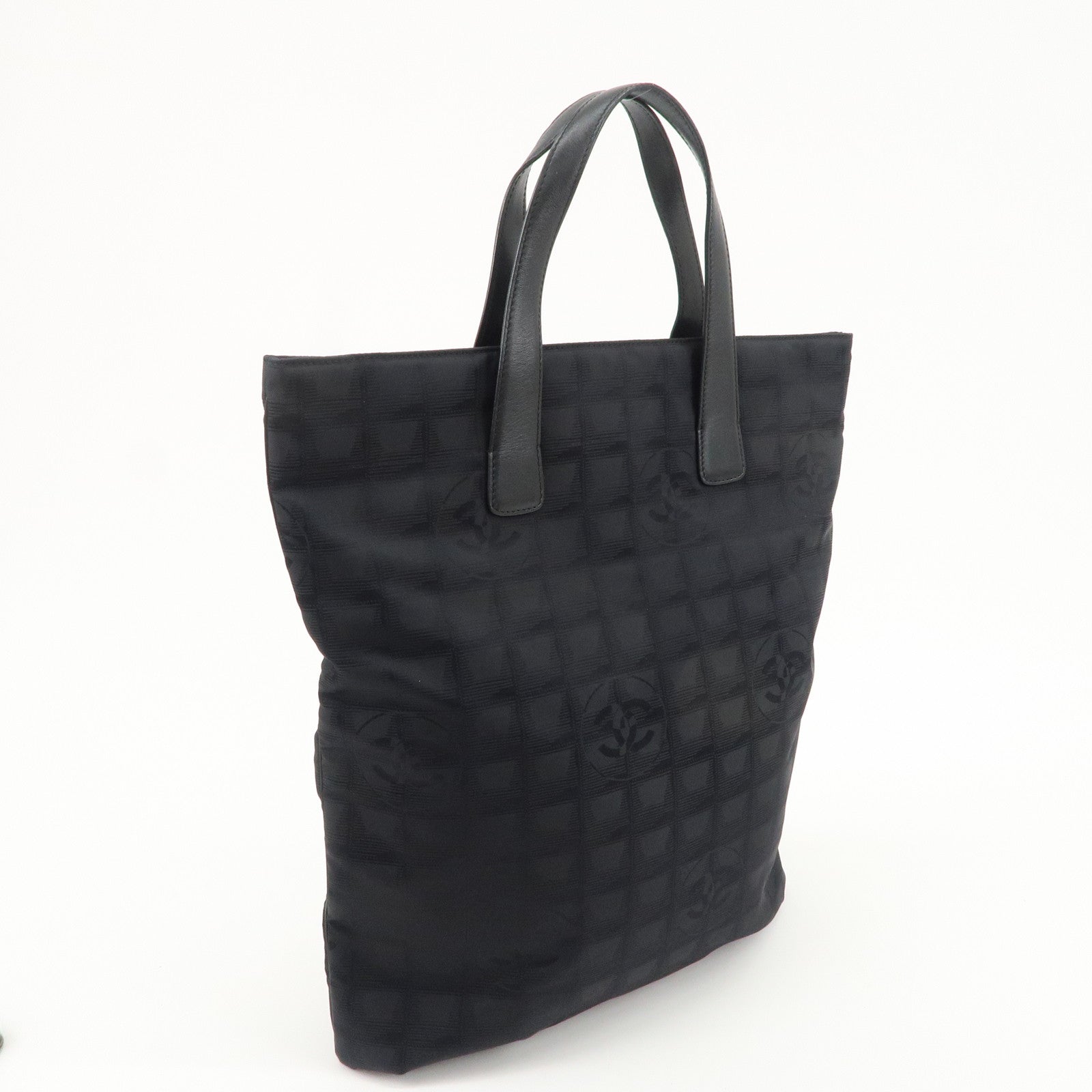 Chanel New Travel Line Nylon Jacquard Leather Tote Bag Black Used