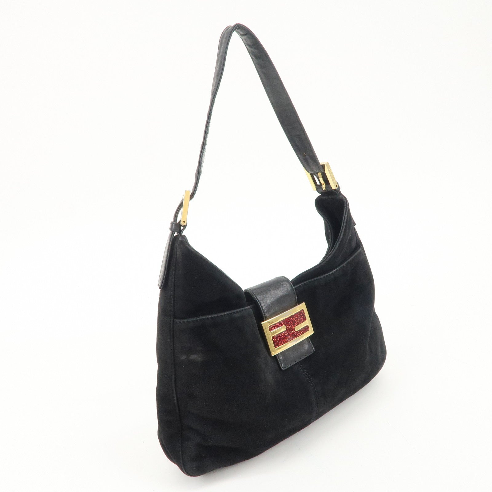 FENDI Suede Leather Shoulder Bag Black 26569 Used