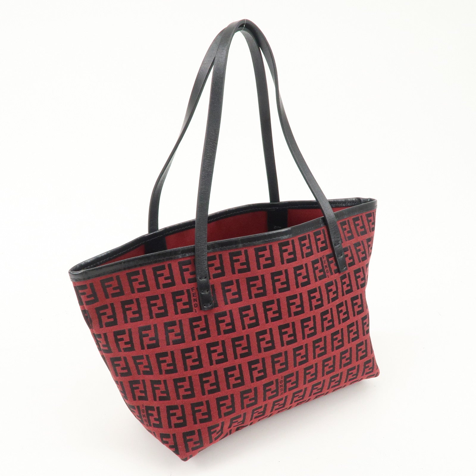 FENDI Zucchino Canvas Leather Mini Tote Bag Red Black 8BH056 Used