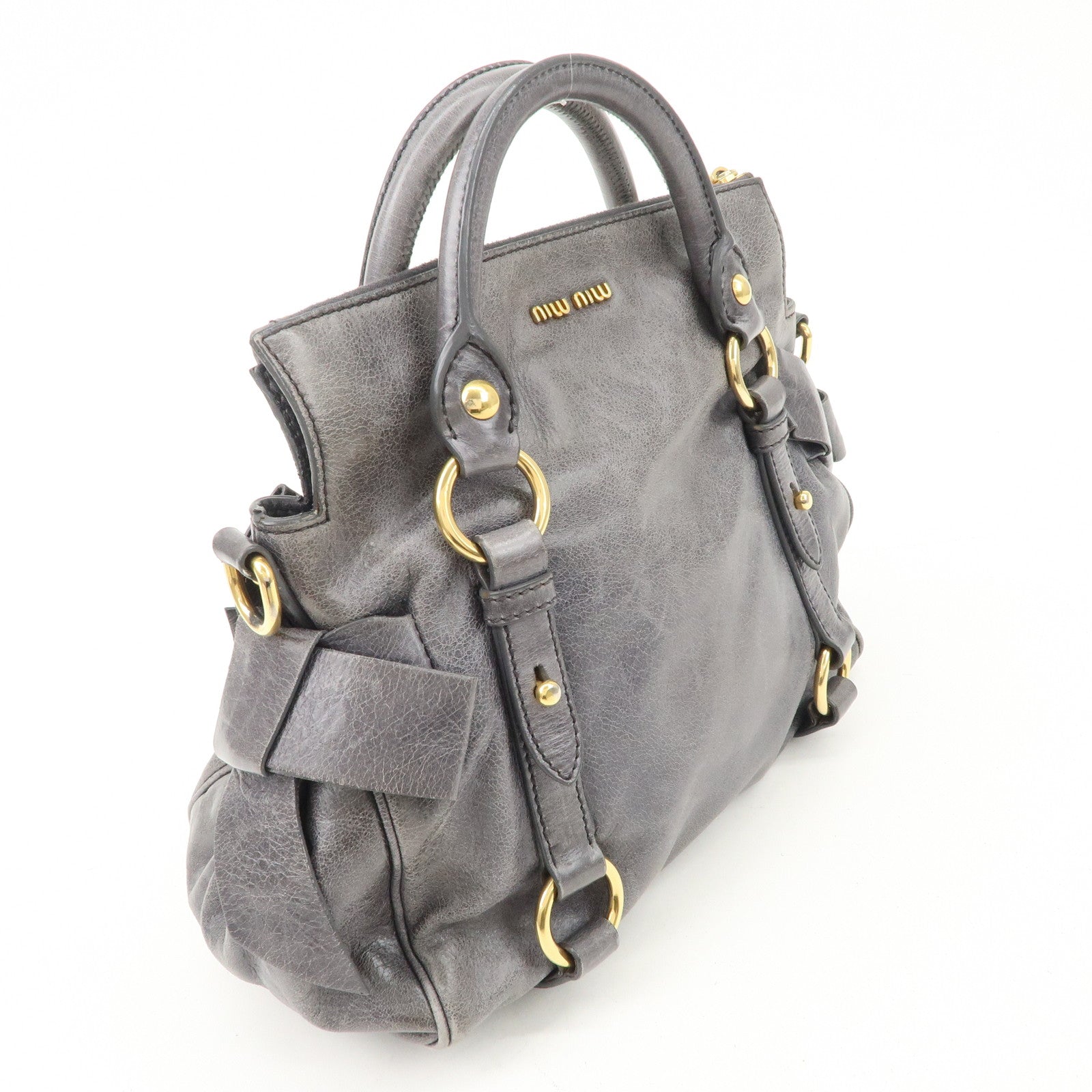 MIU MIU Leather Side Ribbon 2Way Shoulder Bag Hand Bag Gray Used