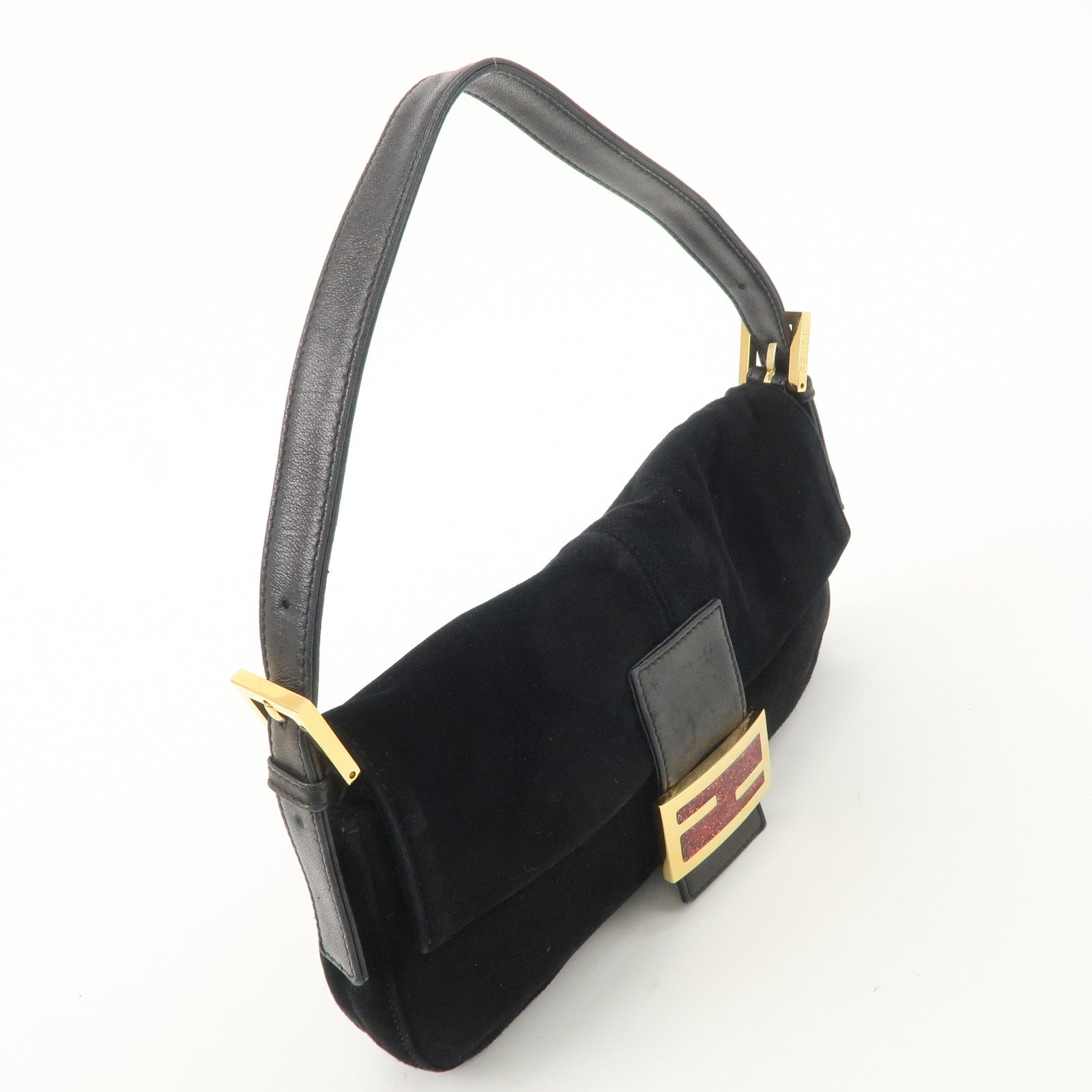 FENDI Mamma Bucket Suede Leather Shoulder Bag Black 26424