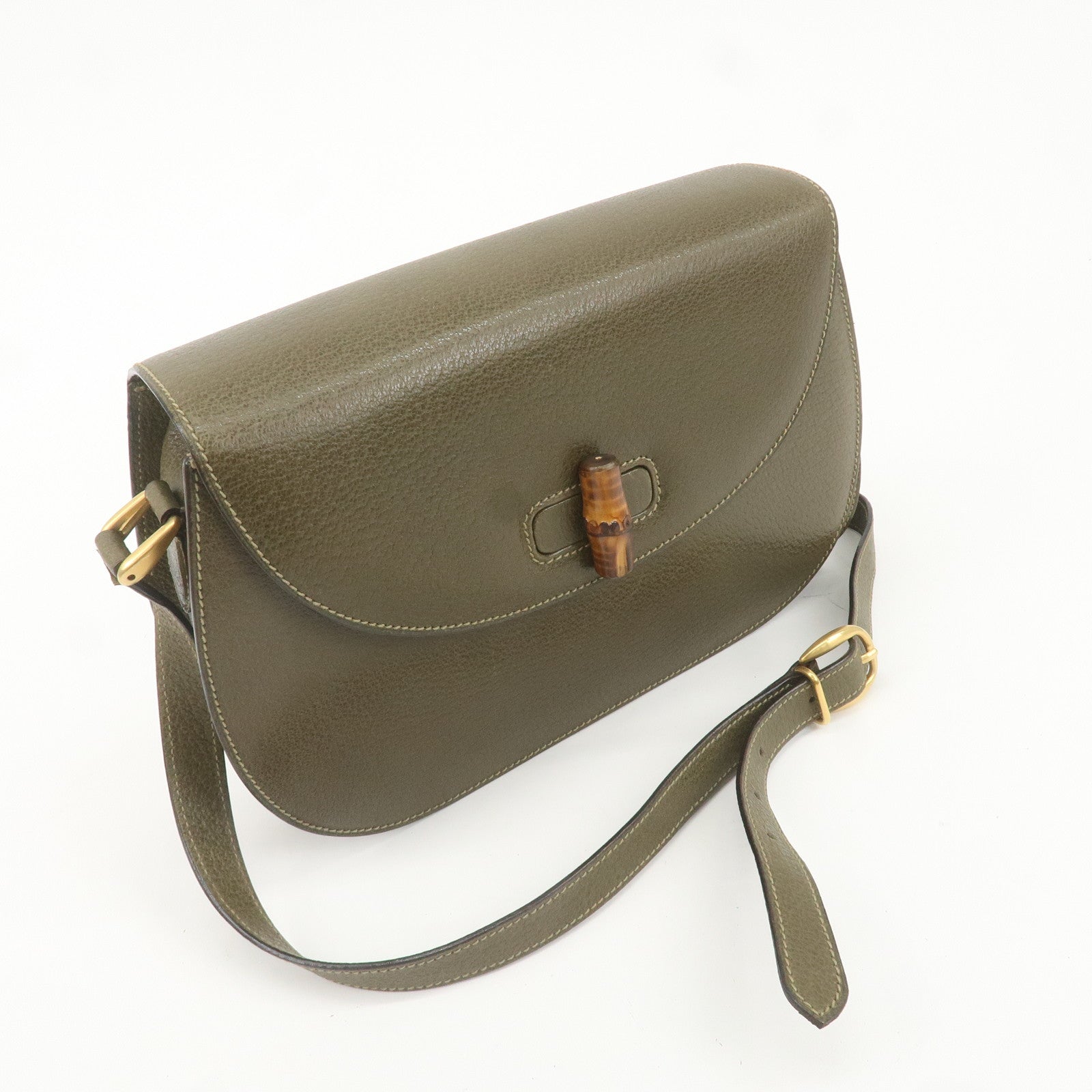 GUCCI Bamboo Leather Shoulder Bag Khaki Gredn 001.113.1529