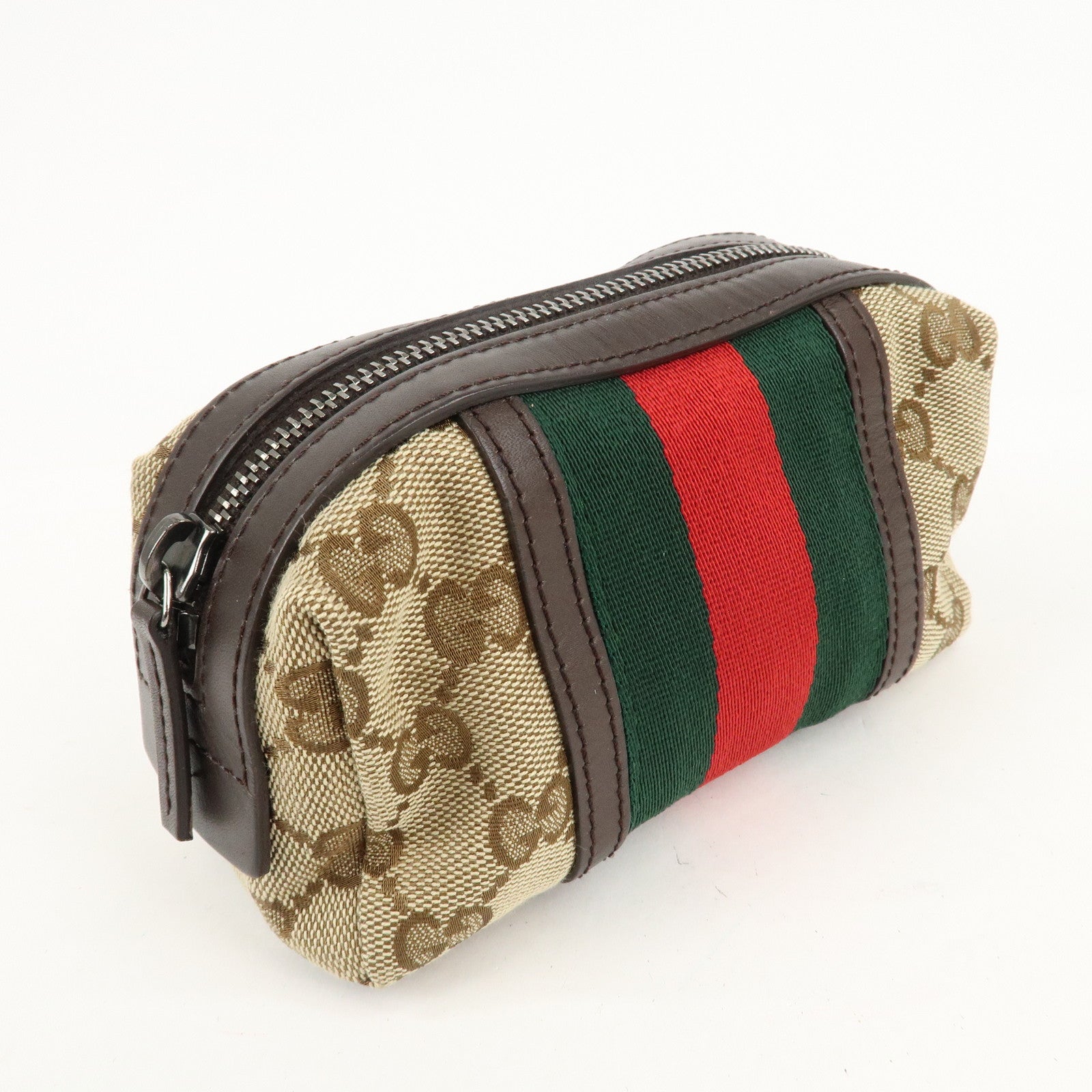 GUCCI Sherry GG Canvas Leather Pouch Beige Brown 256636 Used