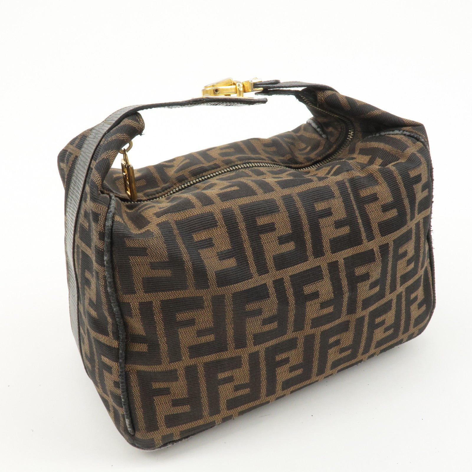 FENDI Zucca Canvas Leather Vanity Bag Khaki Brown Black