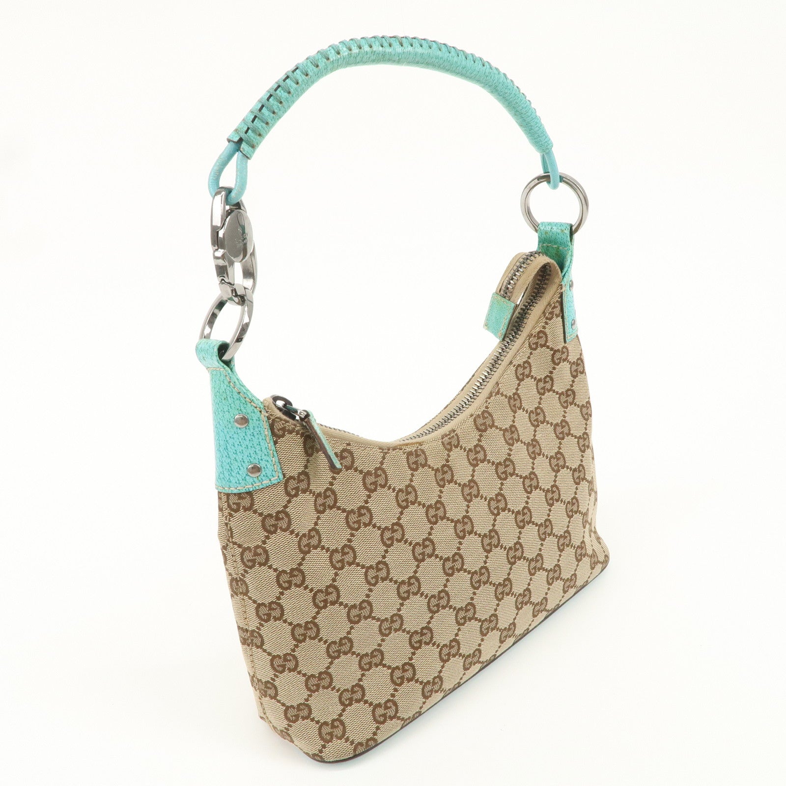 GUCCI GG Canvas Leather Shoulder Bag Beige Turquoise 115002