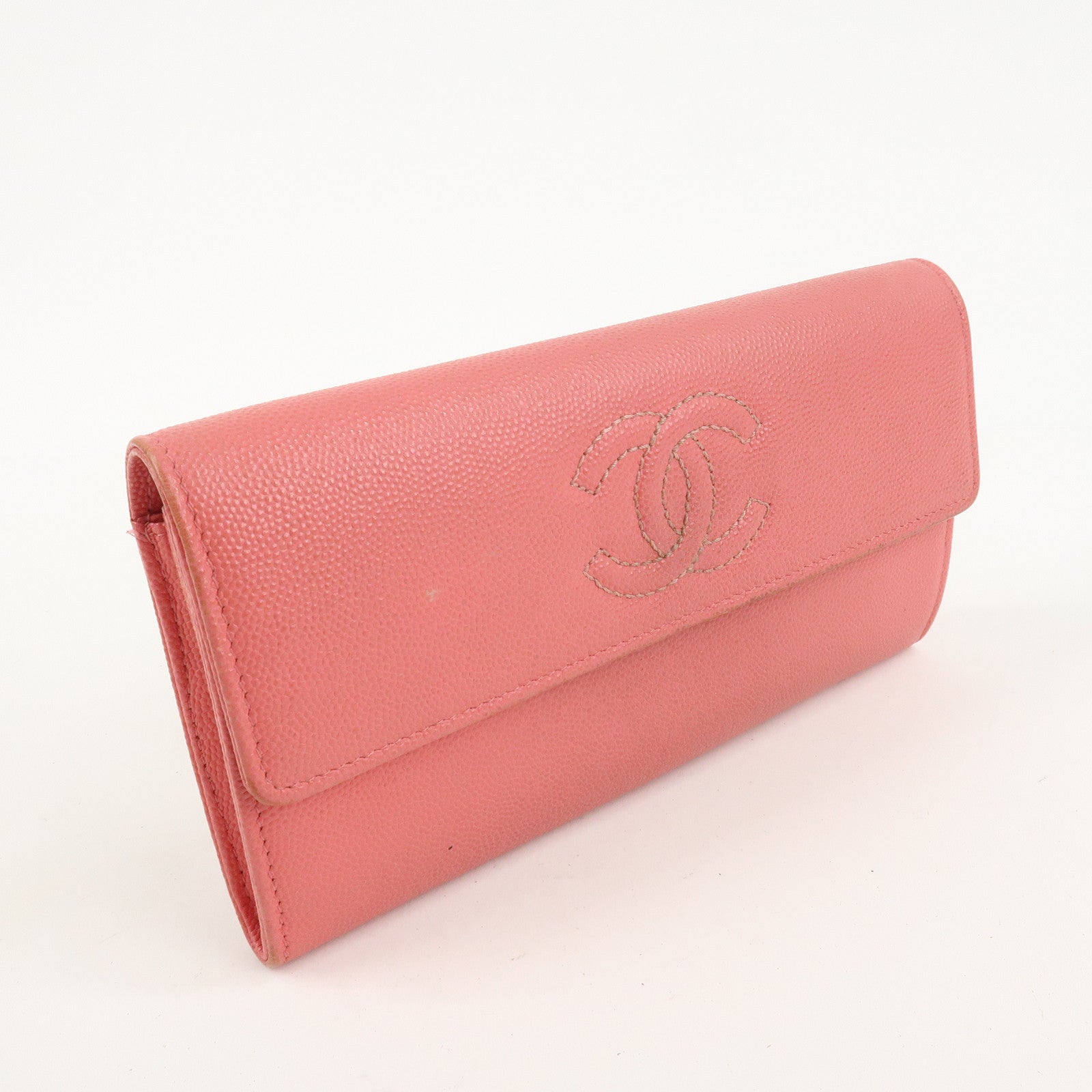 CHANEL Caviar Skin Coco Mark Bi-fold Long Wallet Pink Used