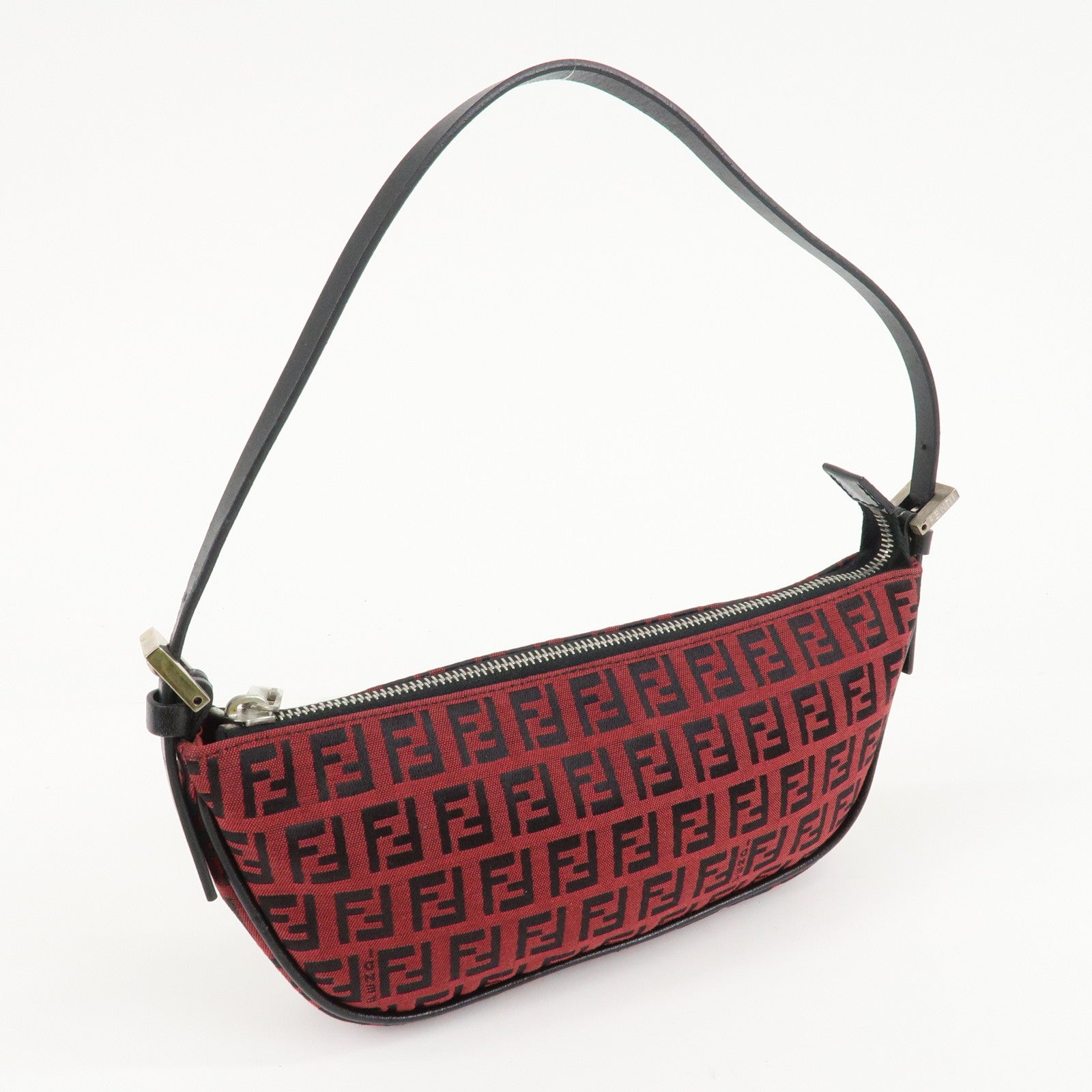 FENDI Zucchino Canvas Leather Accessory Pouch Hand Bag Black Red