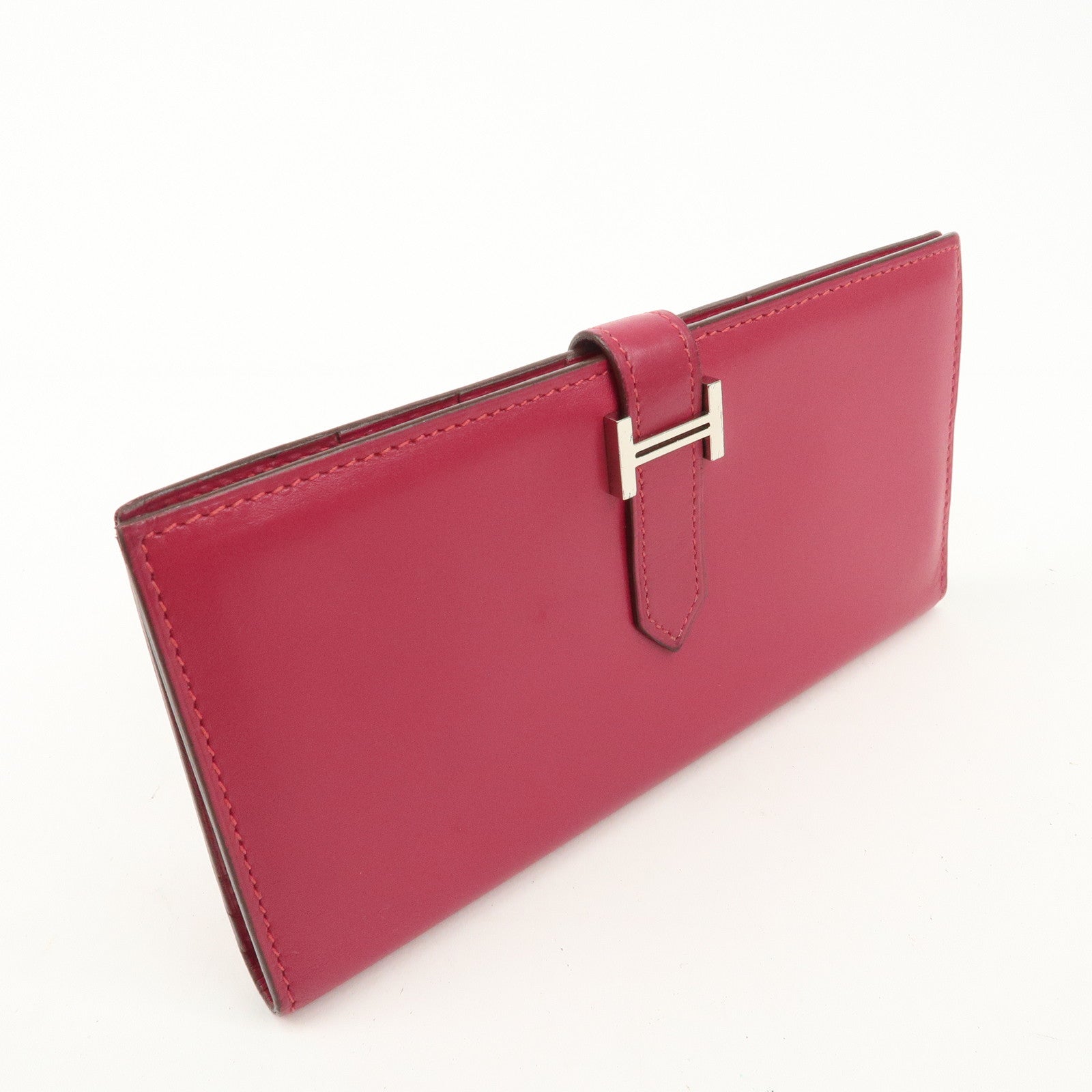 HERMES Leather Bearn I Engraved Long Wallet Pink