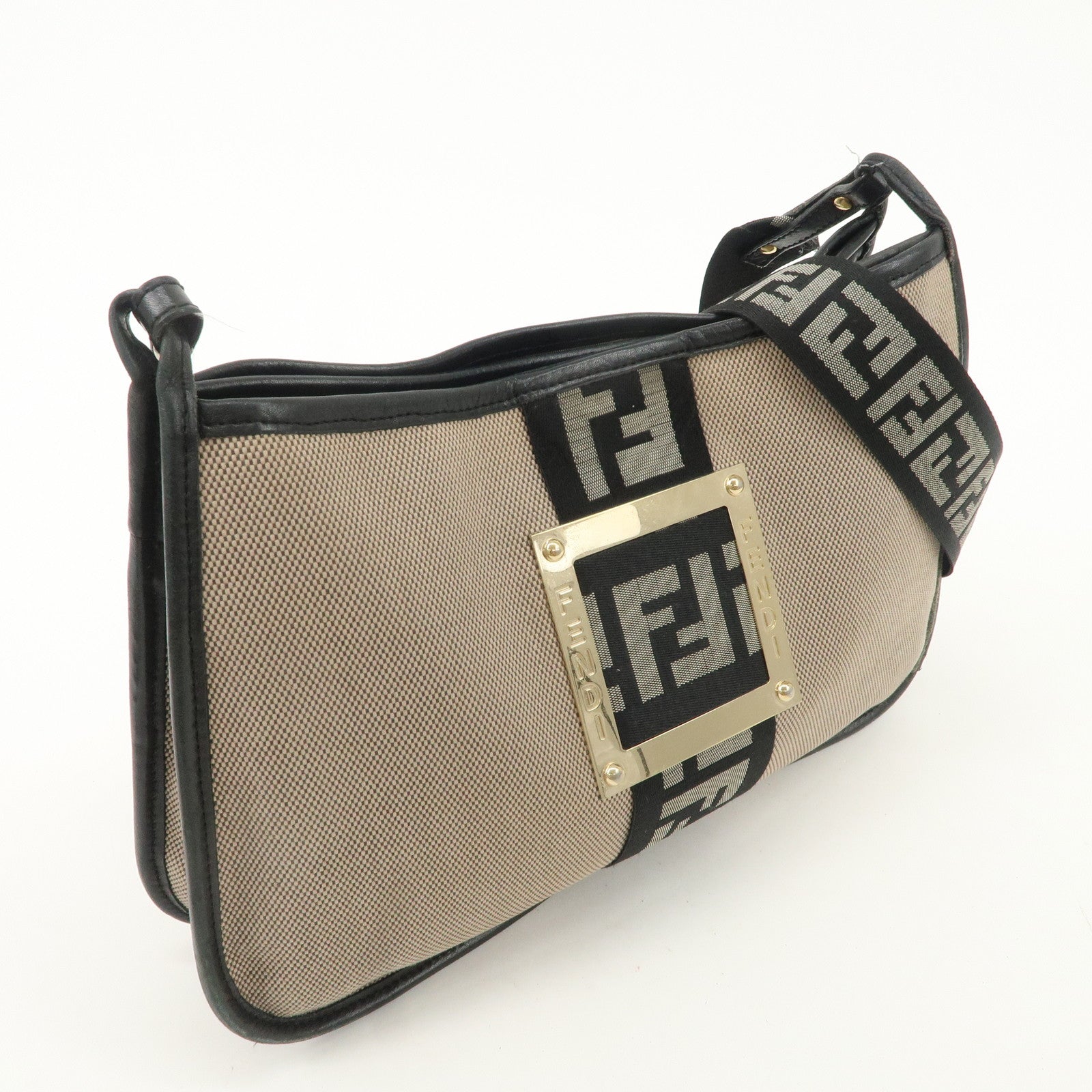 FENDI Logo Zucca Canvas Leather Shoulder Bag Beige Black 8BT084 Used