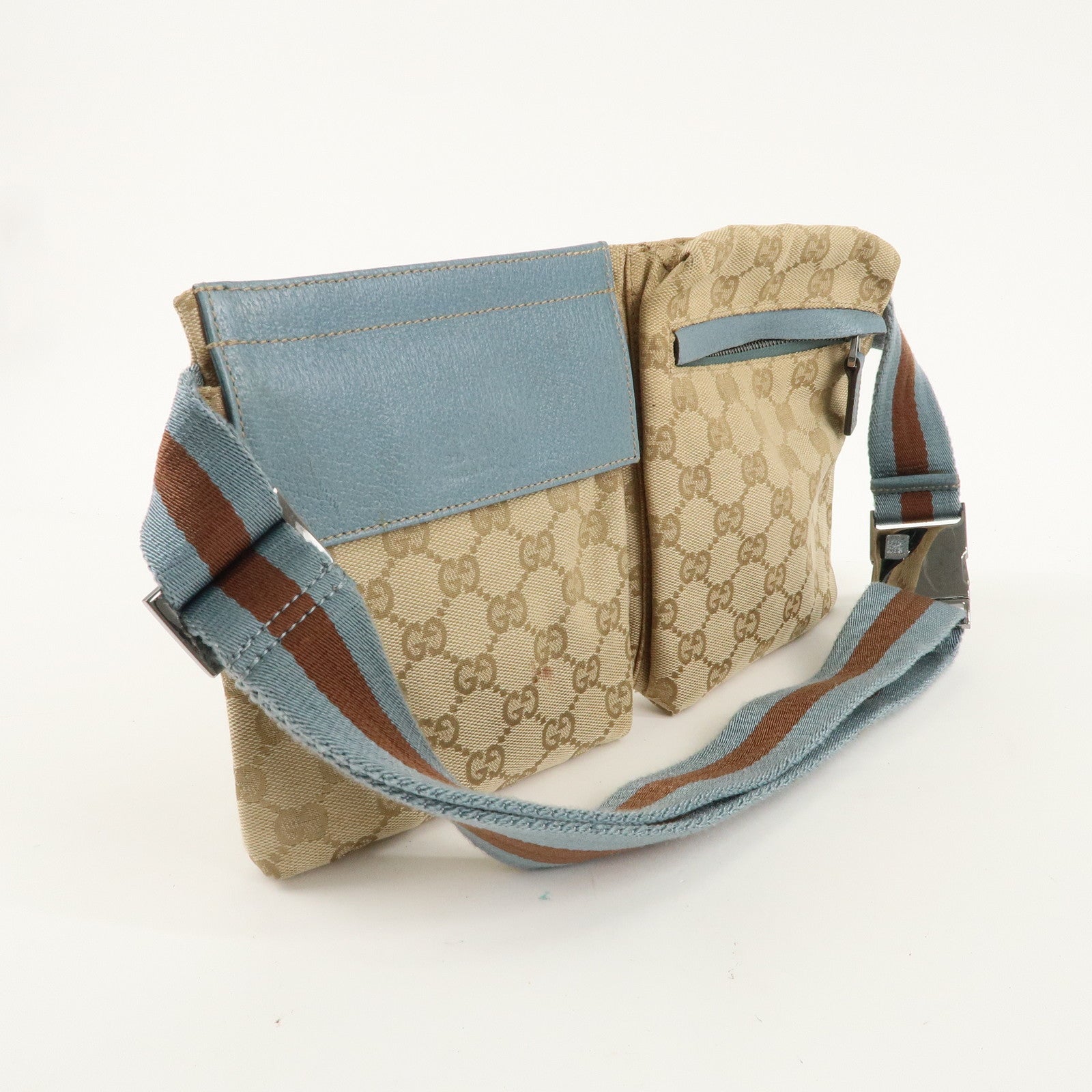 GUCCI Sherry GG Canvas Leather Waist Bag Beige Blue 28566