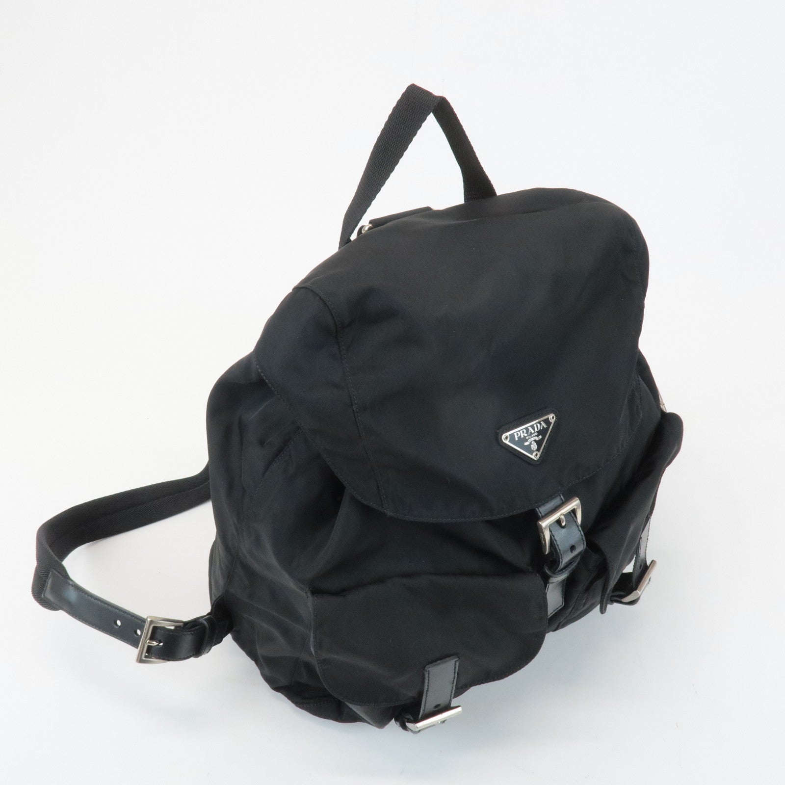 PRADA Triangle Logo Nylon Leather Back Pack Ruck Sack Black B2811 Used