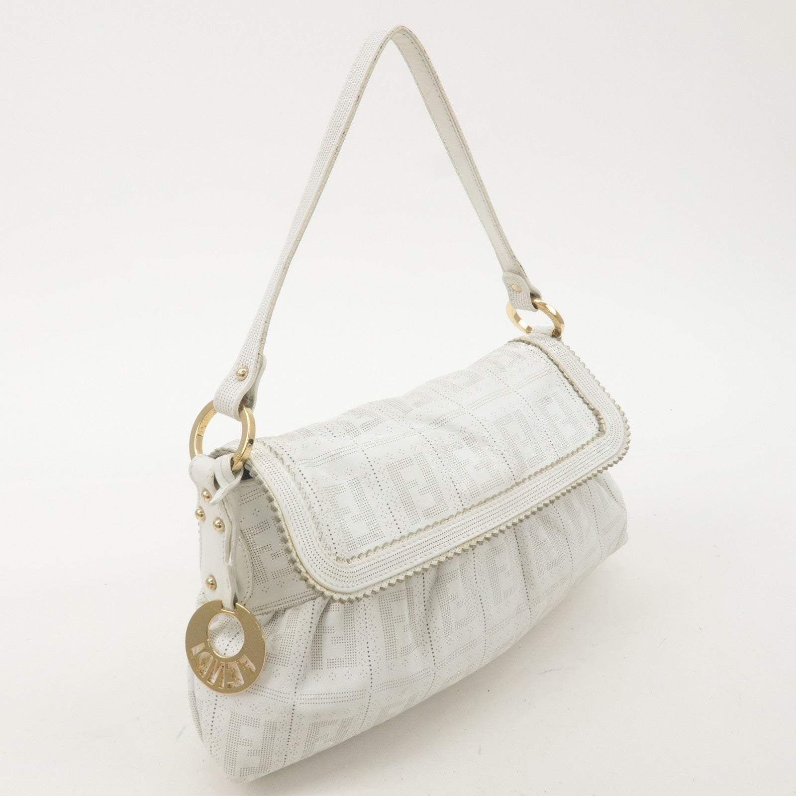 FENDI Zucca Leather Shoulder Bag Hand Bag White 8BR445