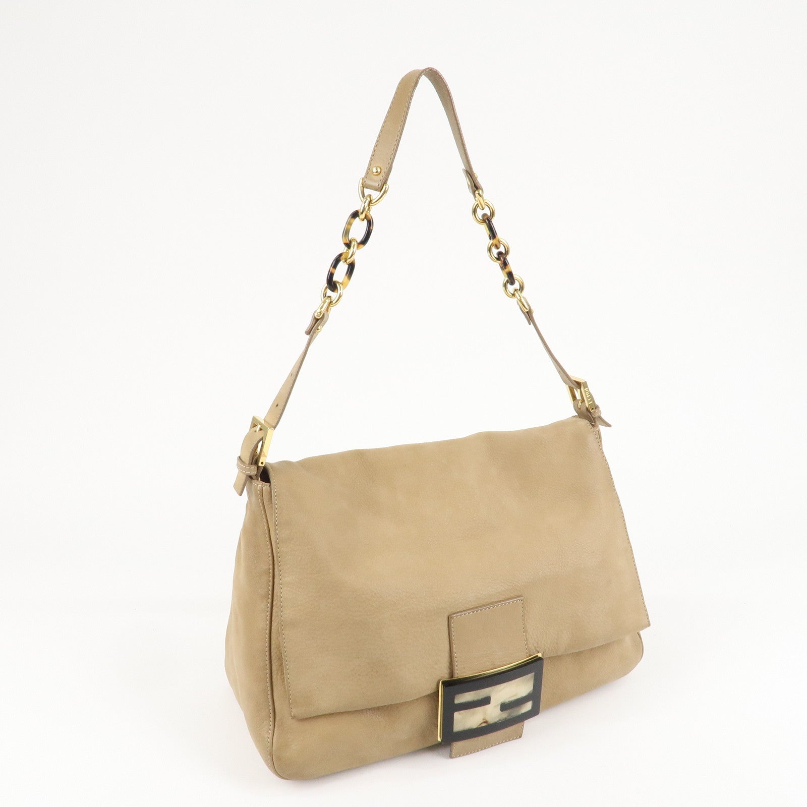 FENDI Mamma Baguette Leather Shoulder Bag Beige 8BR638 Used