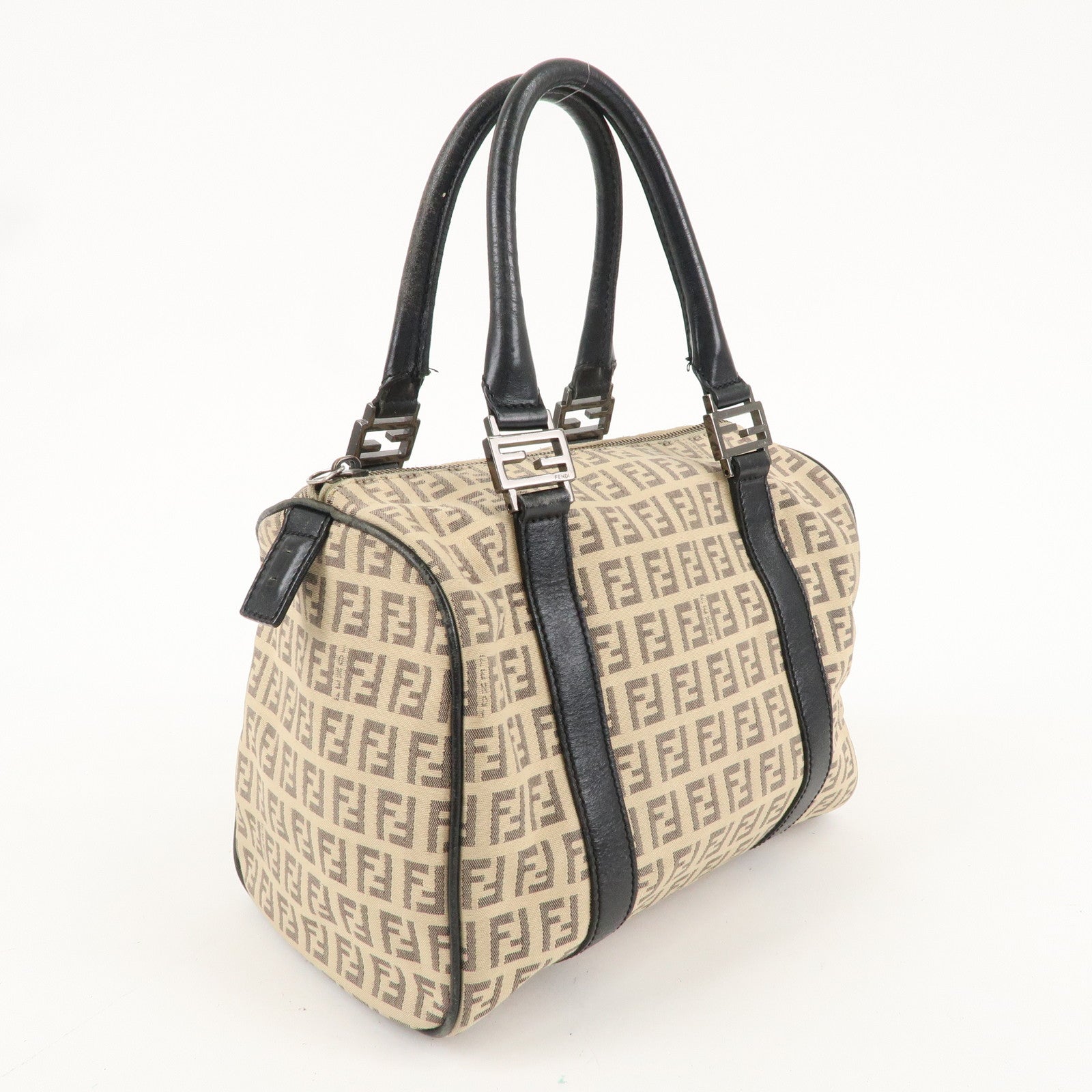 FENDI Zucchino Canvas Leather Mini Boston Bag Beige Black