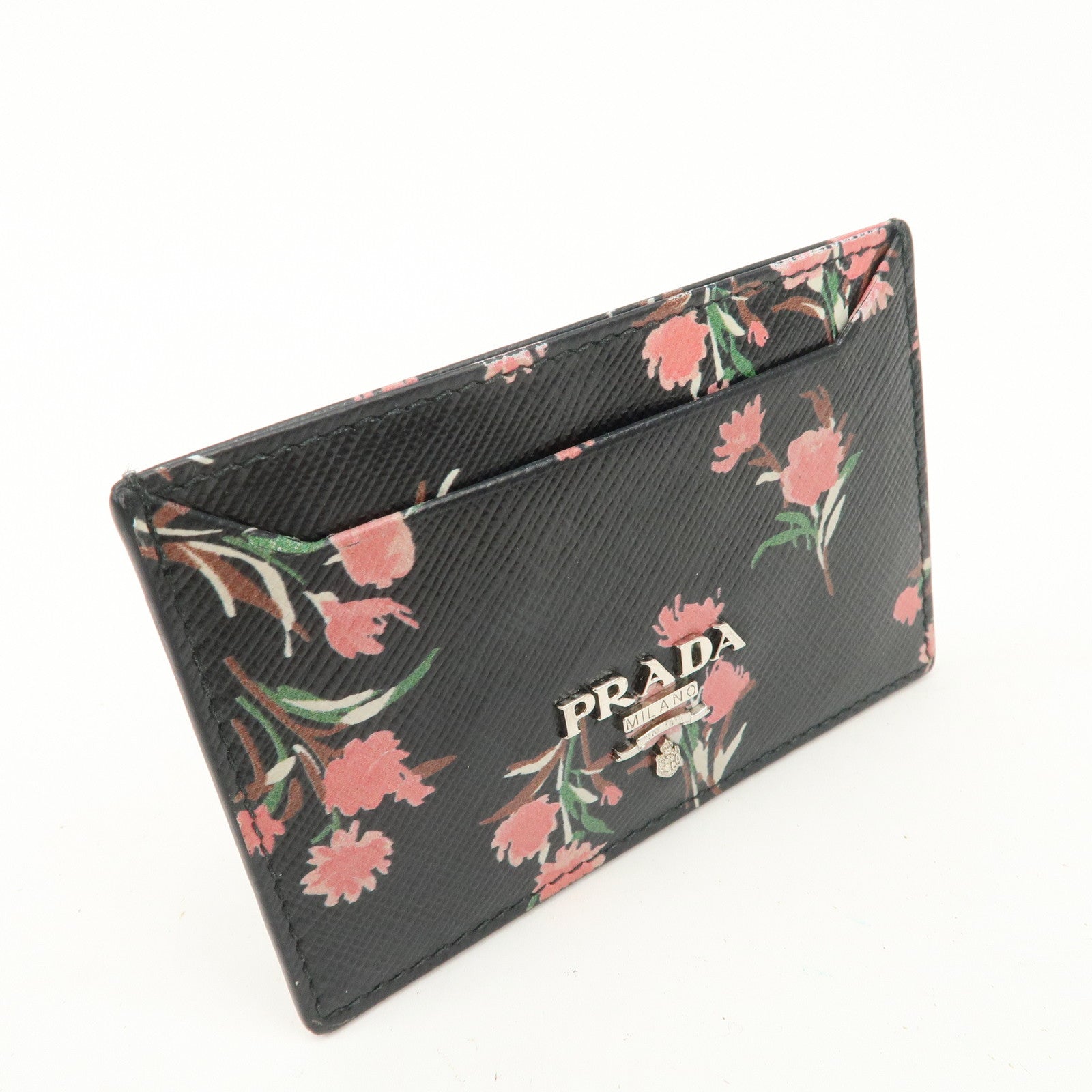 PRADA Saffiano Card Case Floral Pattern Black Pink 1MC208 Used