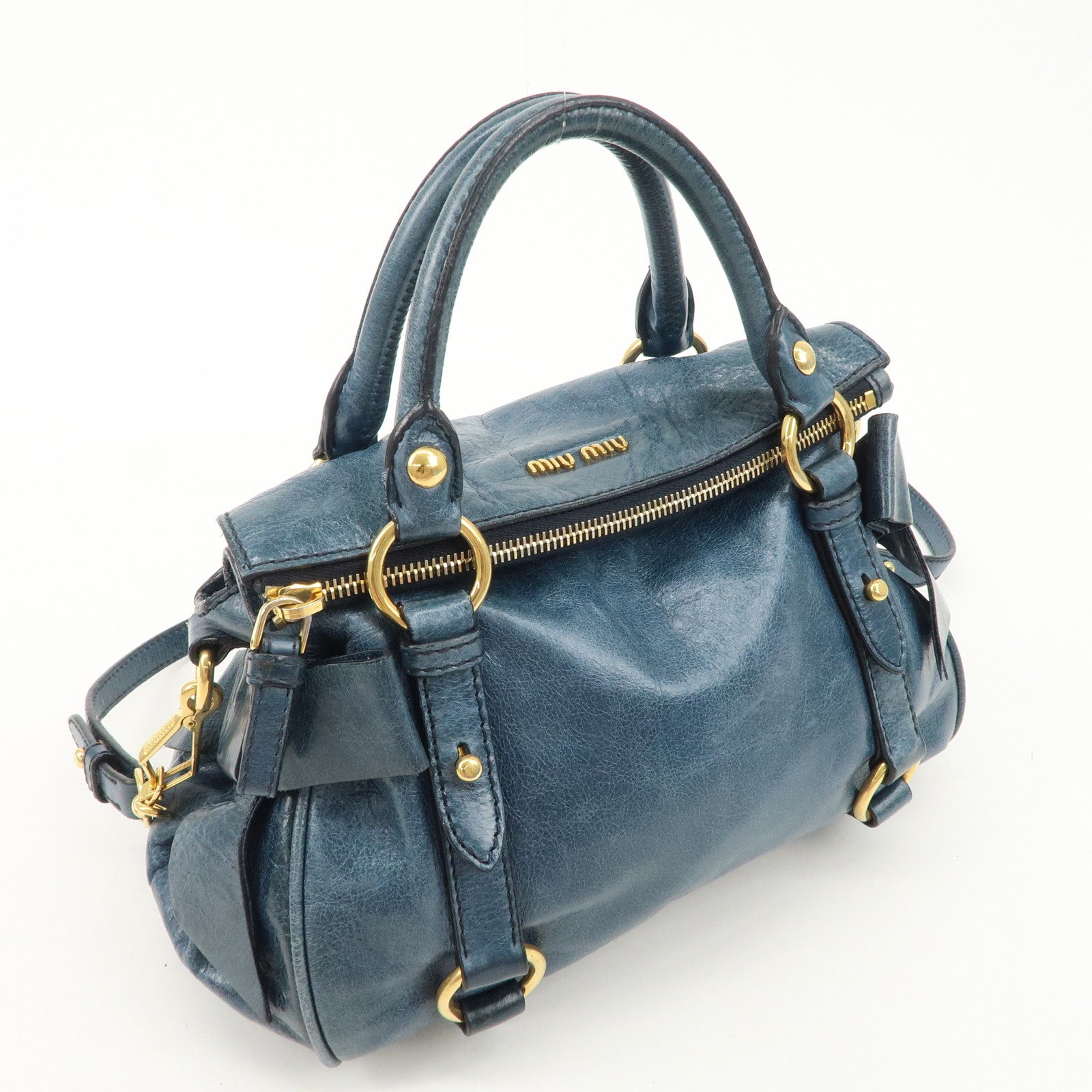 MIU MIU Logo Leather 2Way Bag Hand Bag Shoulder Bag Blue RT0438 Used