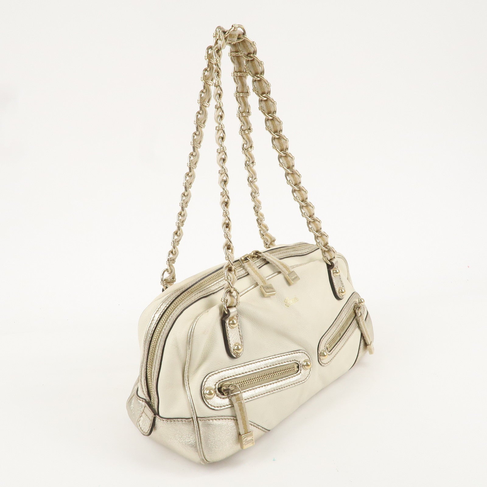 GUCCI Sherry Line Leather Chain Shoulder Bag Ivory Gold 152462