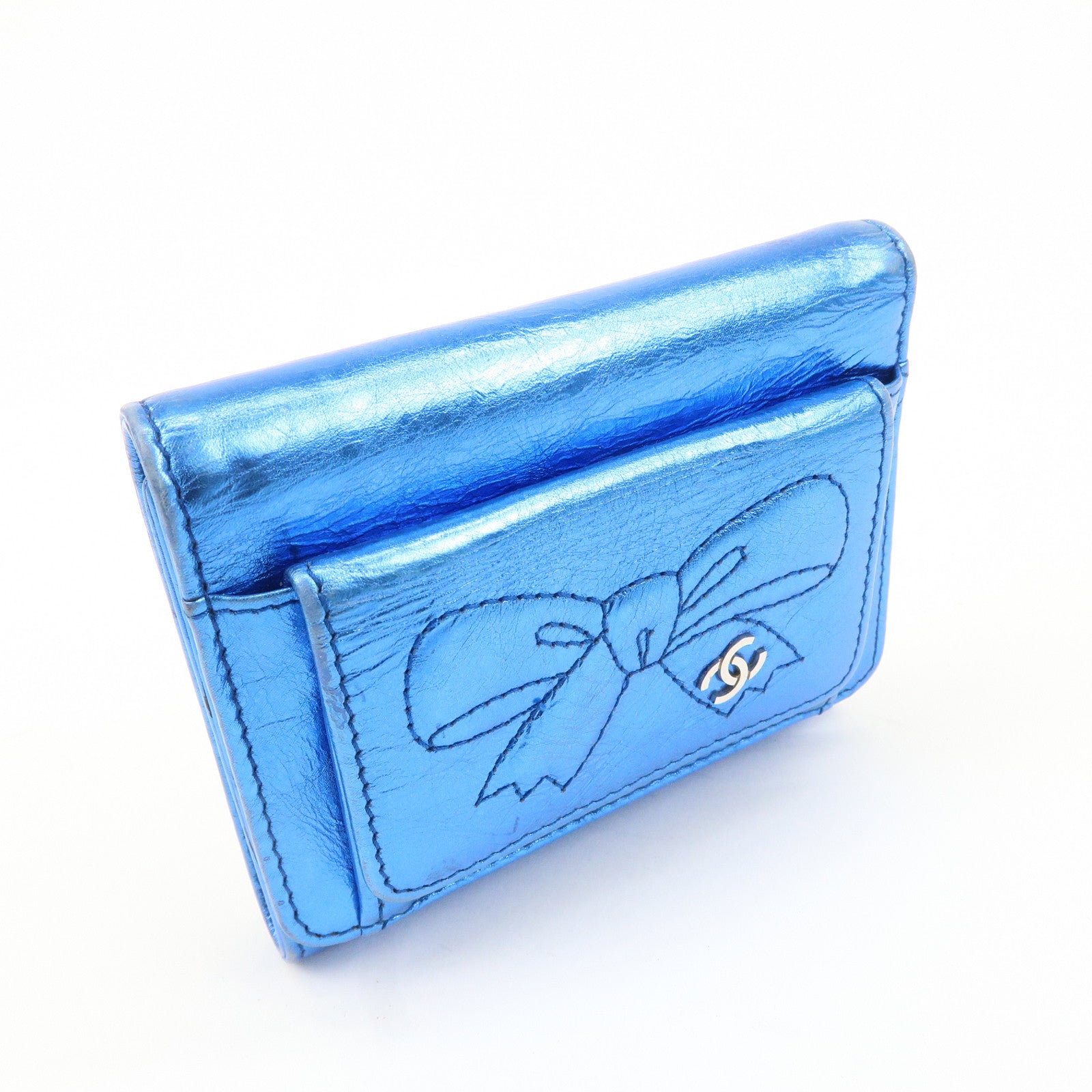 CHANEL Ribbon COCO Mark W Hook Tri-Fold Compact Wallet Blue Used