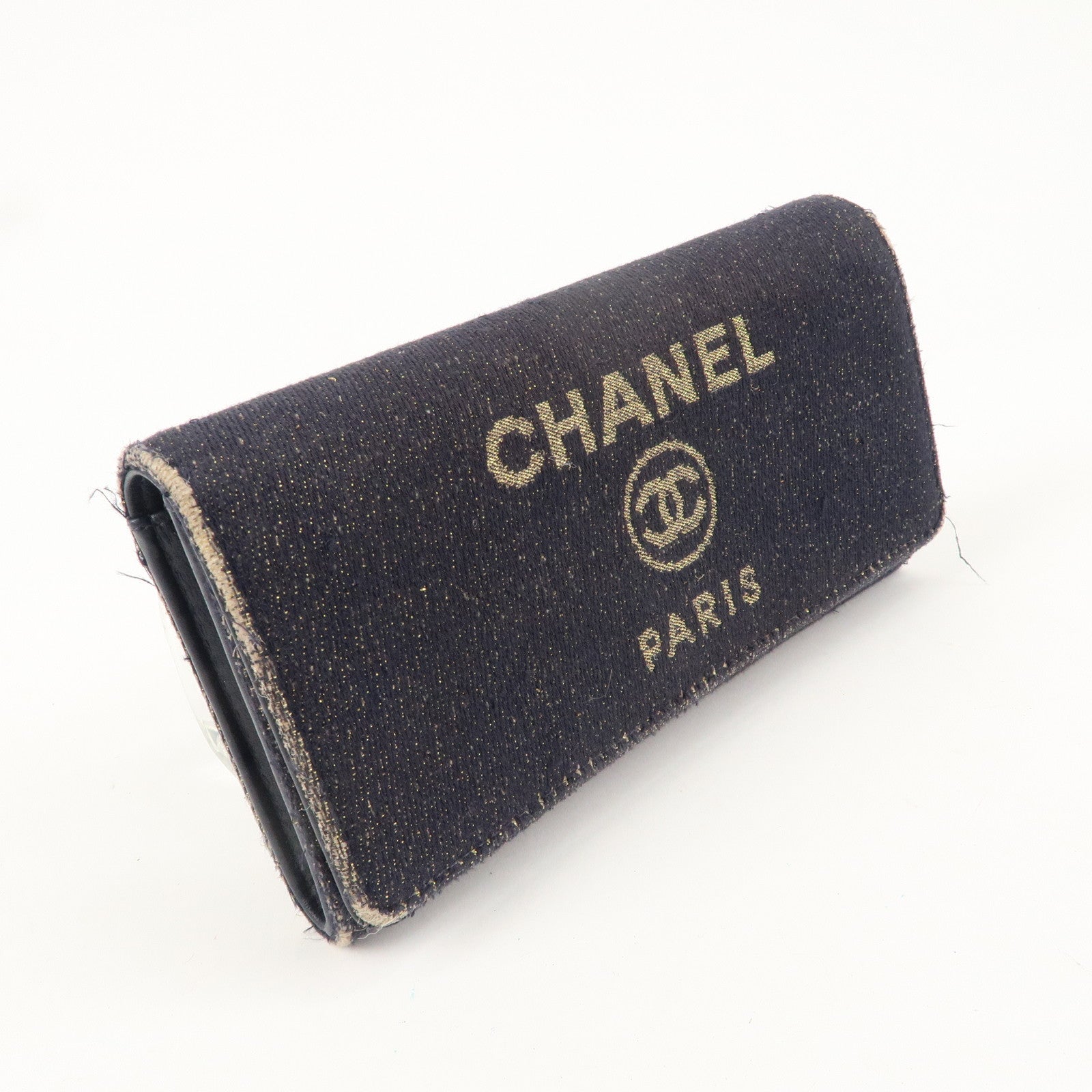 CHANEL Deauville Canvas Bi-fold Long Wallet Purse Navy Gold