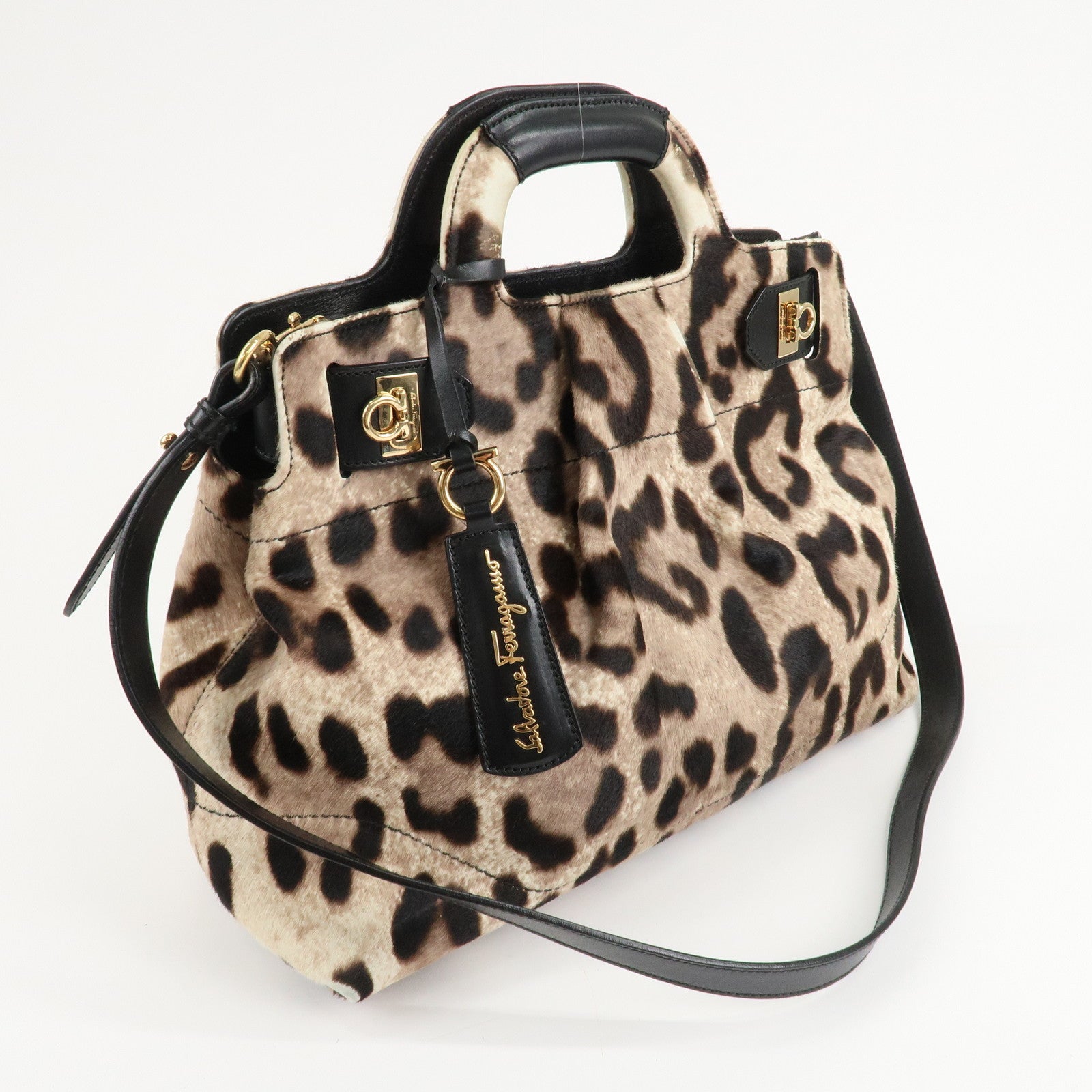 Ferragamo Gancini Unborn Calf Leather 2Way Bag Leopard Hand Bag Used