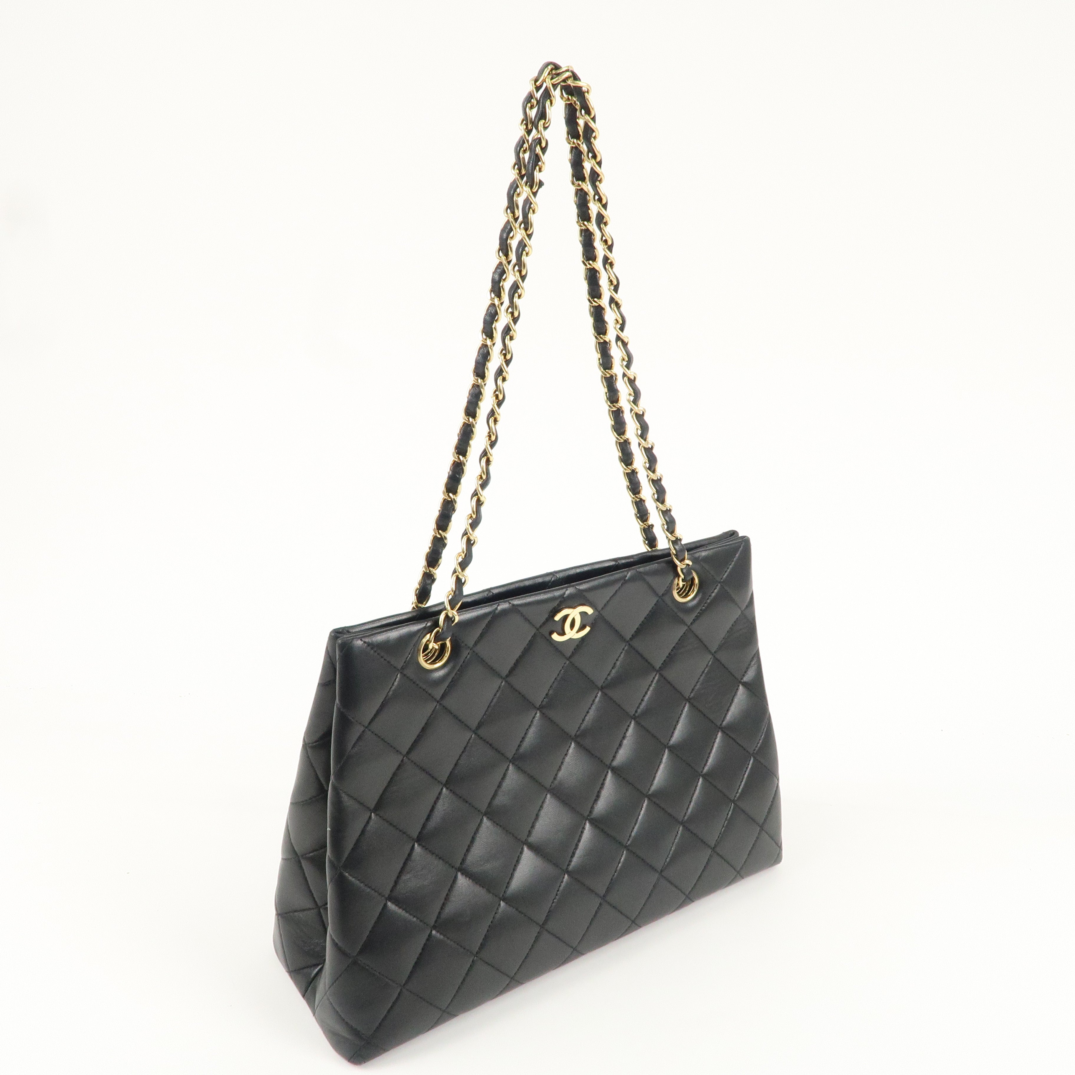 CHANEL Matelasse Lamb Skin Chain Tote Bag Hand Bag Black Gold