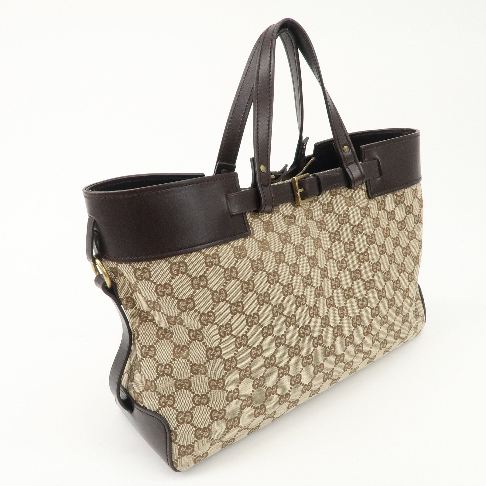 GUCCI GG Canvas Leather Tote Bag Beige Dark Brown 106251