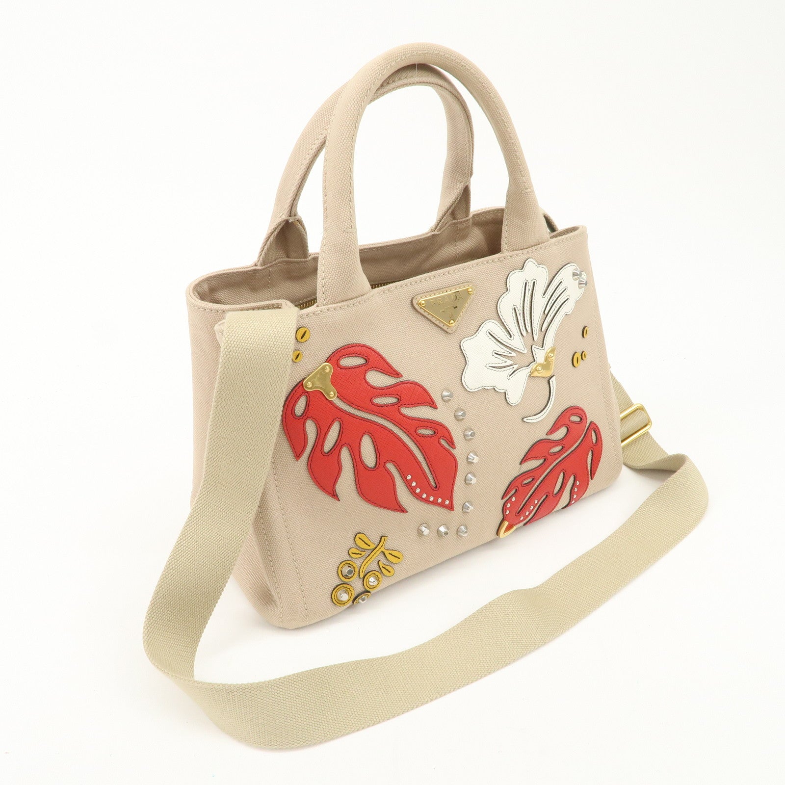 PRADA Hibiscus Canapa Mini Canvas Leather 2Way Bag Beige 1BG439